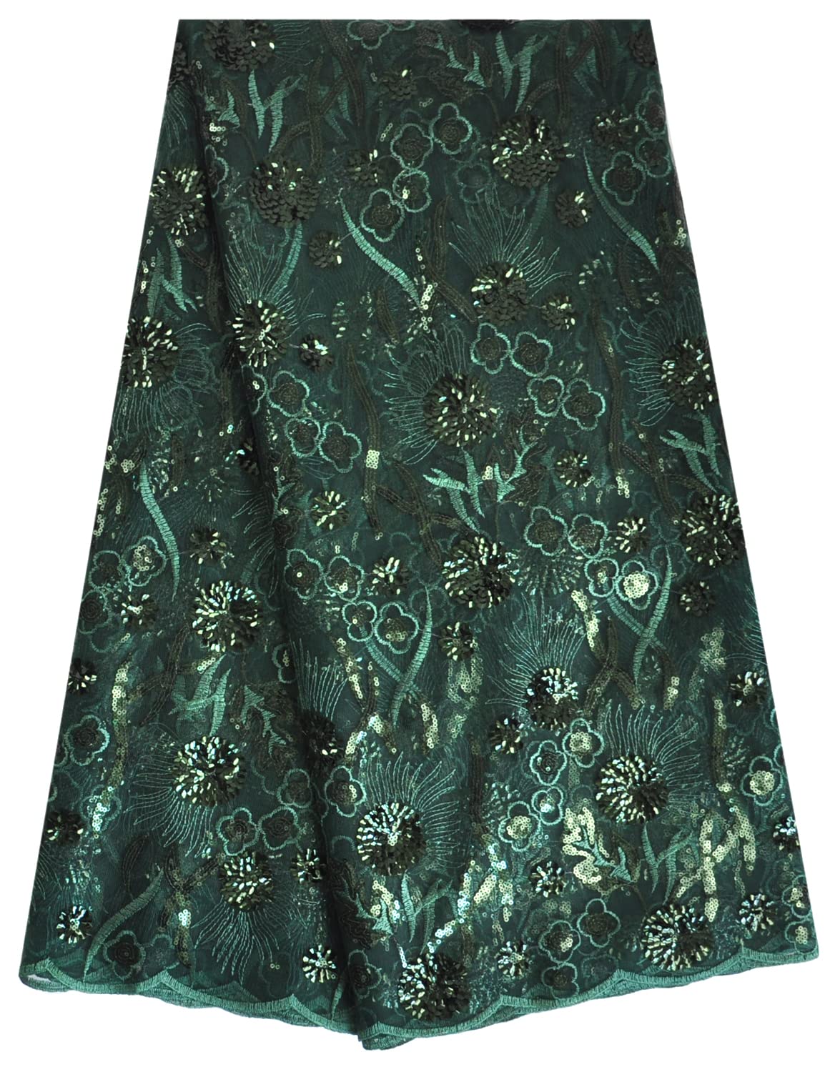 African Fabric 3D Sequins Net Fabrics Nigerian Embroidered Lace Fabric for Party Dress (Dark Green) 5 Yards