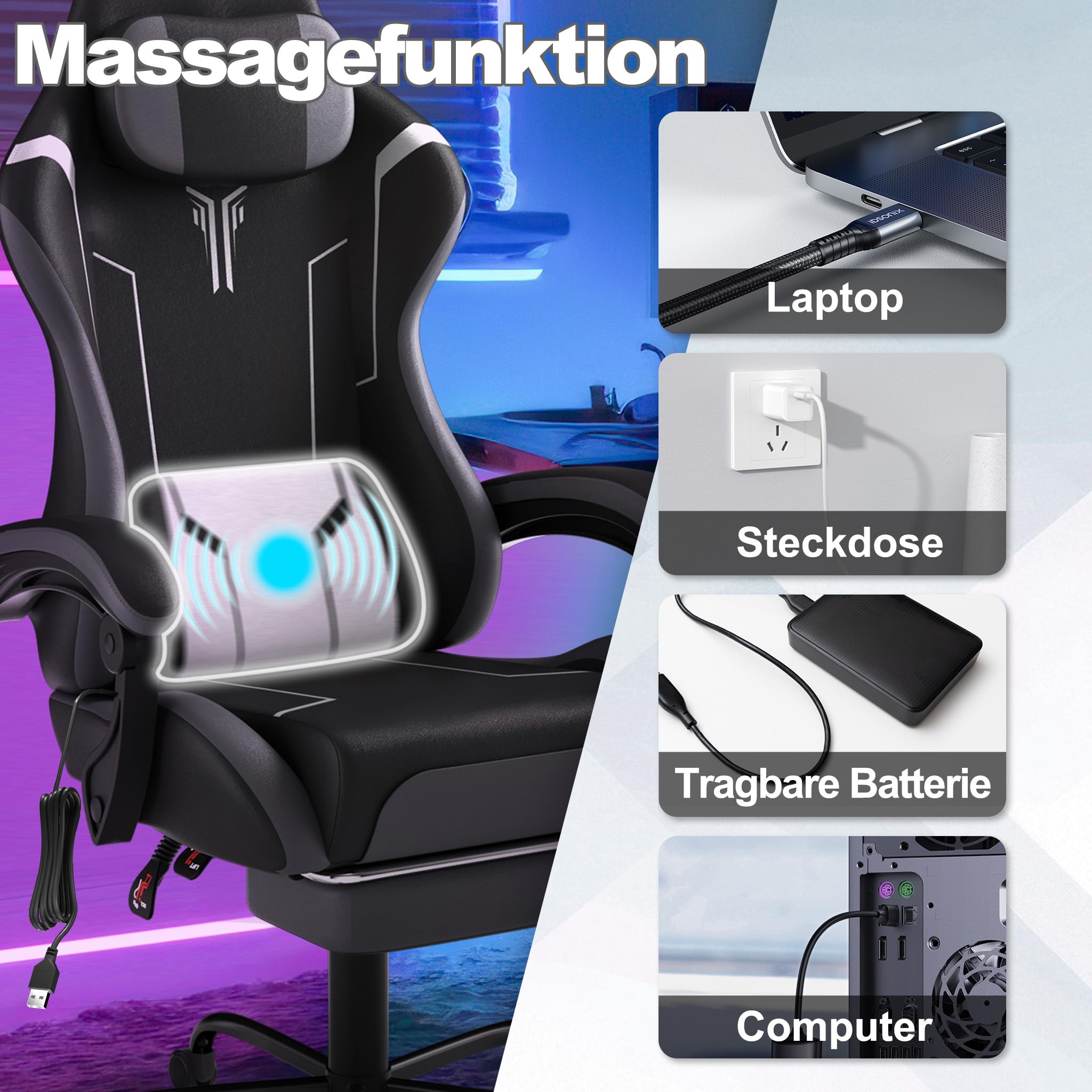 YRHome Sedia da Gaming Ergonomica, Sedia da Ufficio Ergonomica, Sedia da Gaming Girevole e Regolabile in Altezza, Sedia da Ufficio Regolabile in Altezza, Sedia da Ufficio con Poggiapiedi e Supporto