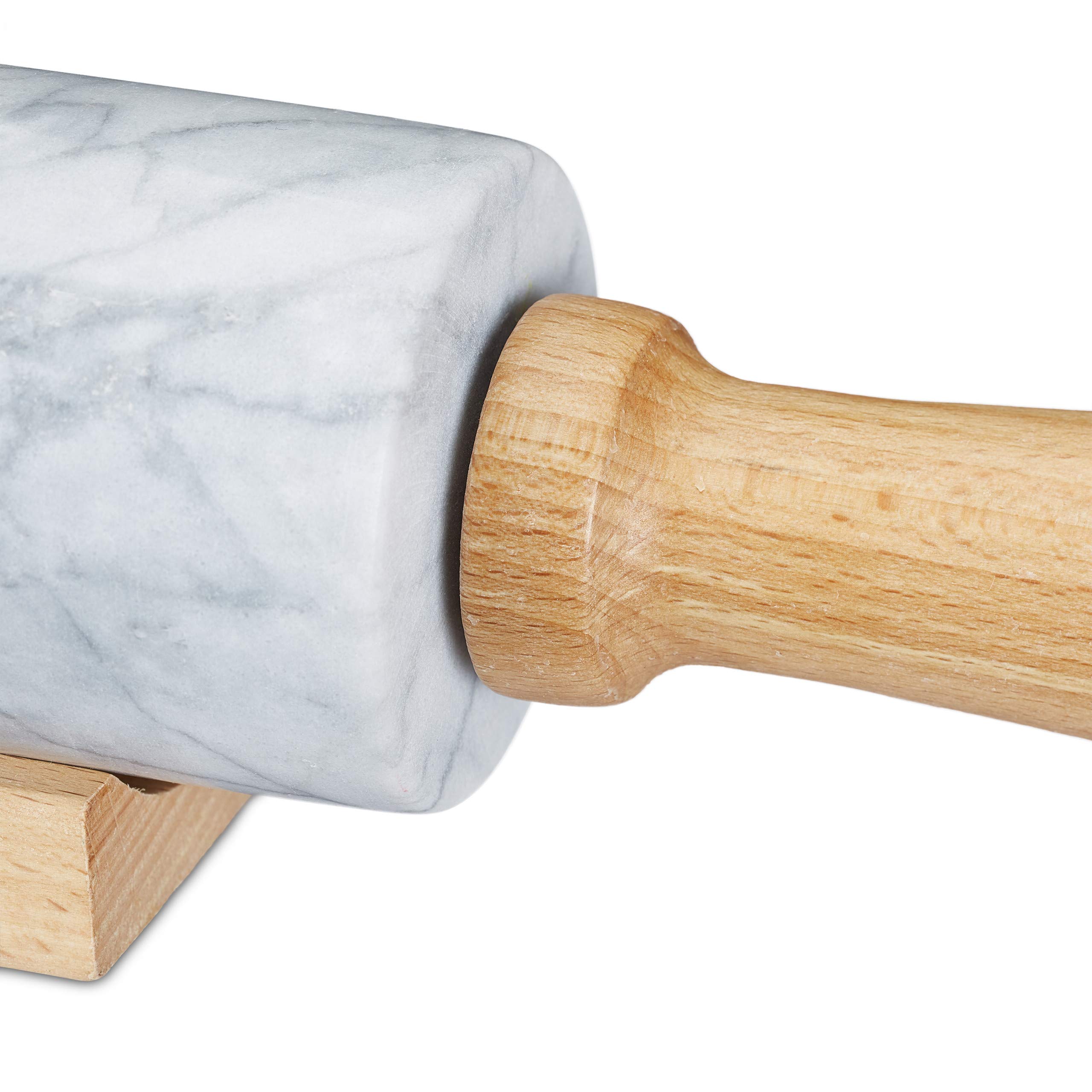 Relaxdays 10028837_49, blanc rouleau à pâtisserie en marbre, Poignées en bois, Cuisinier et pâtissier, Avec support, lourd