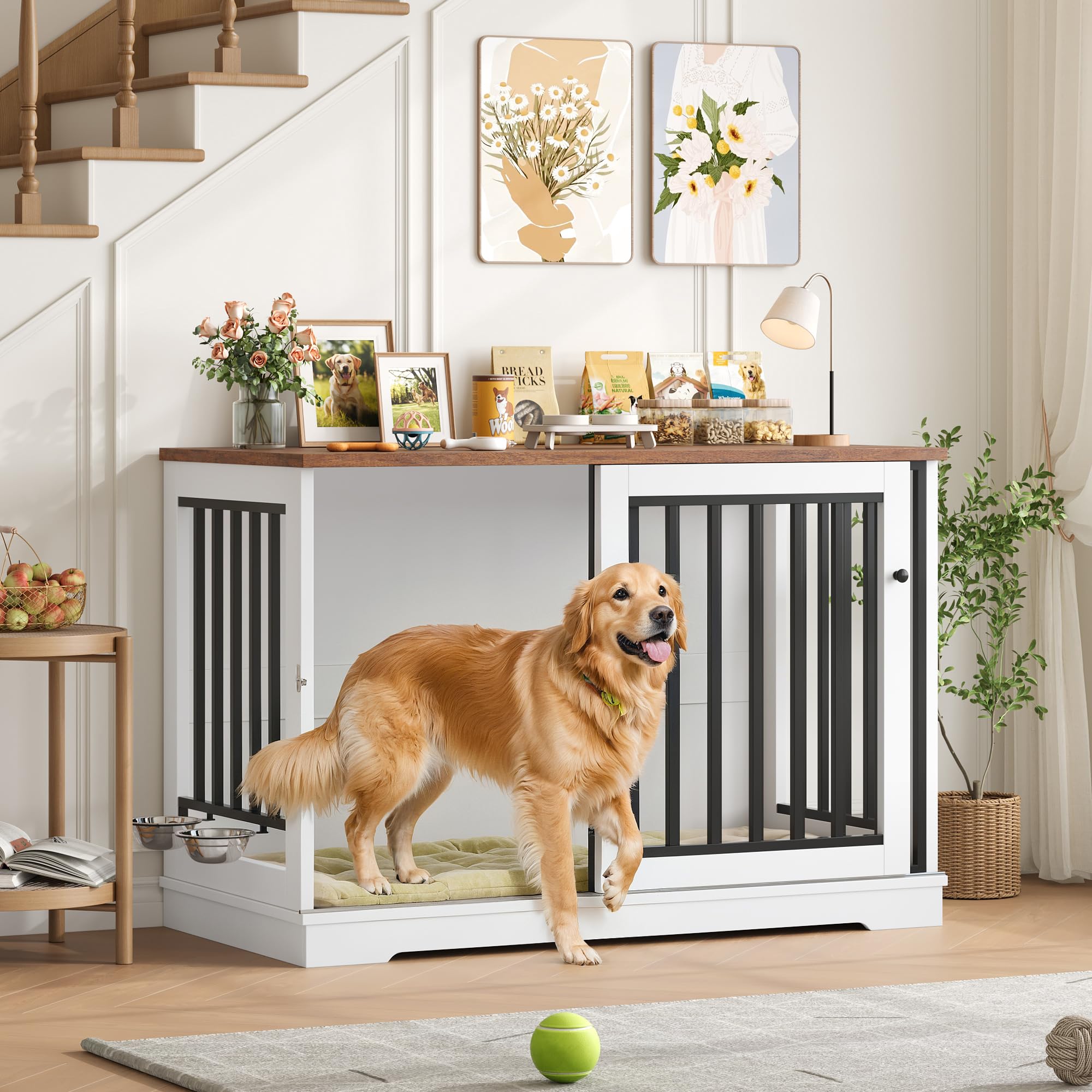 FirFurd 120cm Jaula para Perros,Mesa Auxiliar con Puerta corredera, Jaula Perro Grande para Casa de Madera,para Animales Acero para Perros Medianos y Grandes 120 x 90 x 60 cm (Blanco+Marrón)