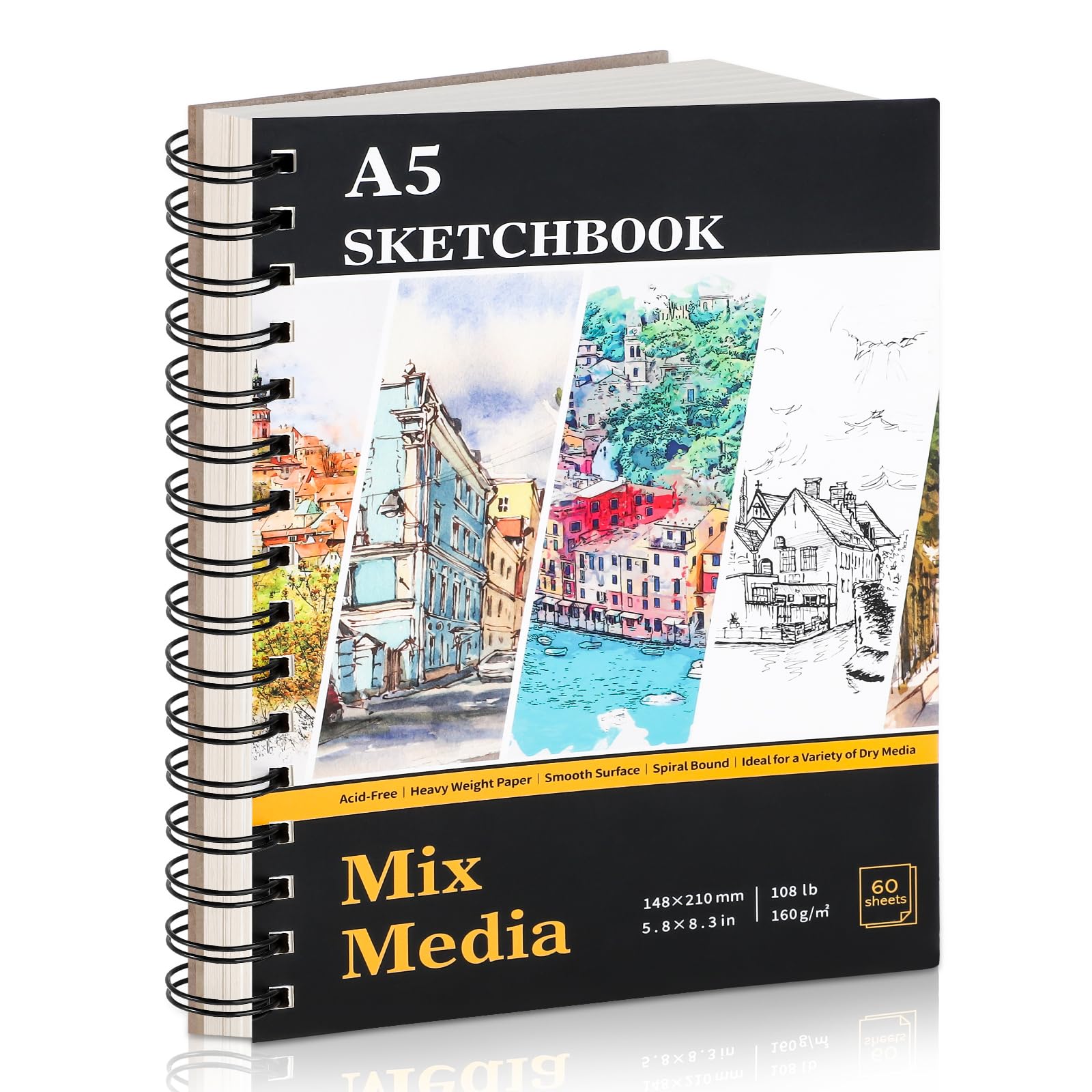 A5 Sketch Book, Mixed Media Sketchbook 60 Sheets / 120 Pages, 160GSM, Spiral Artist Sketch Pad for Sketching Drawing, Pastel