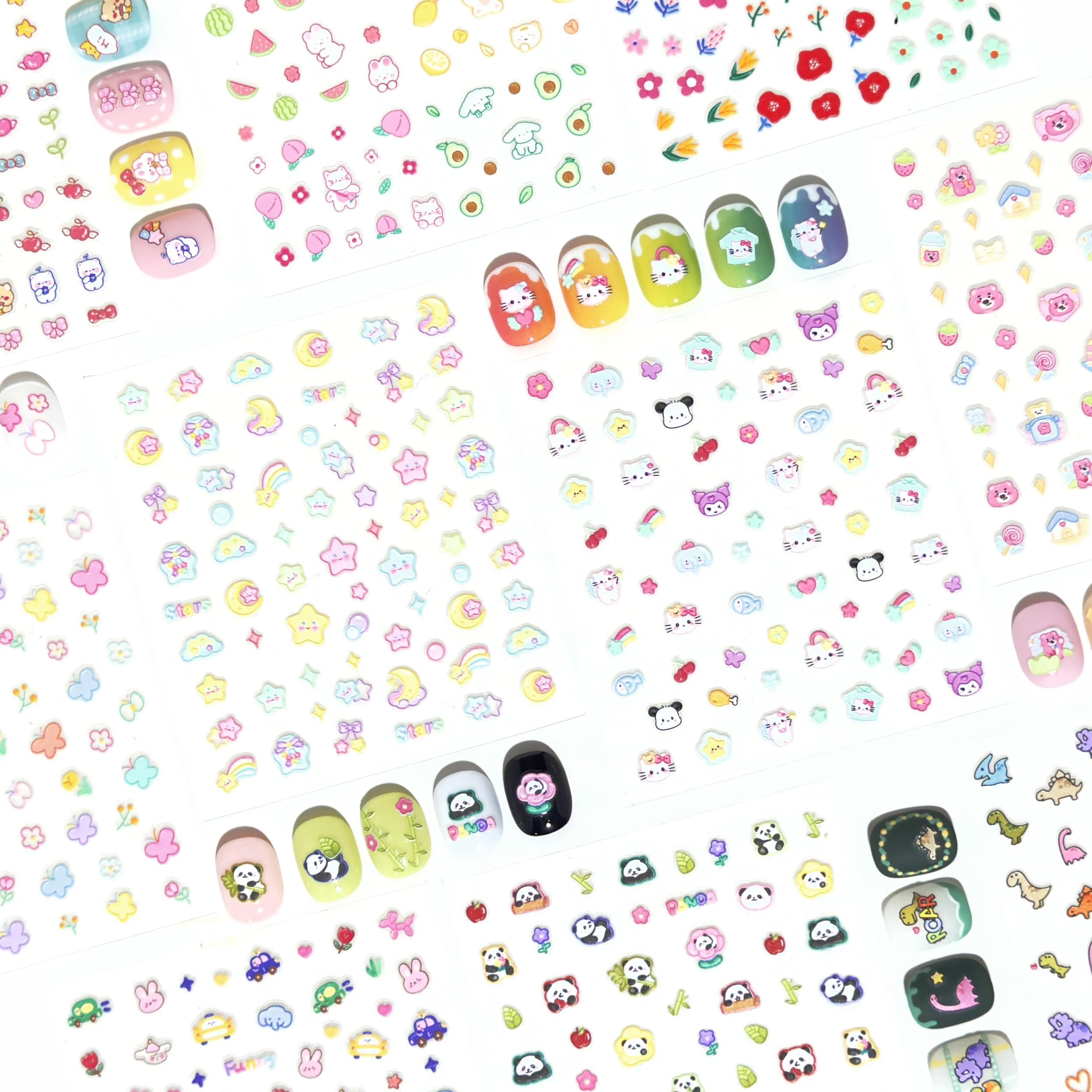 10 fogli di adesivi per unghie 3D, 719 simpatiche decalcomanie per unghie in rilievo, per bambini, tema Kawaii, farfalle, fiori, gatti, conigli, stelle, frutta, luccicanti
