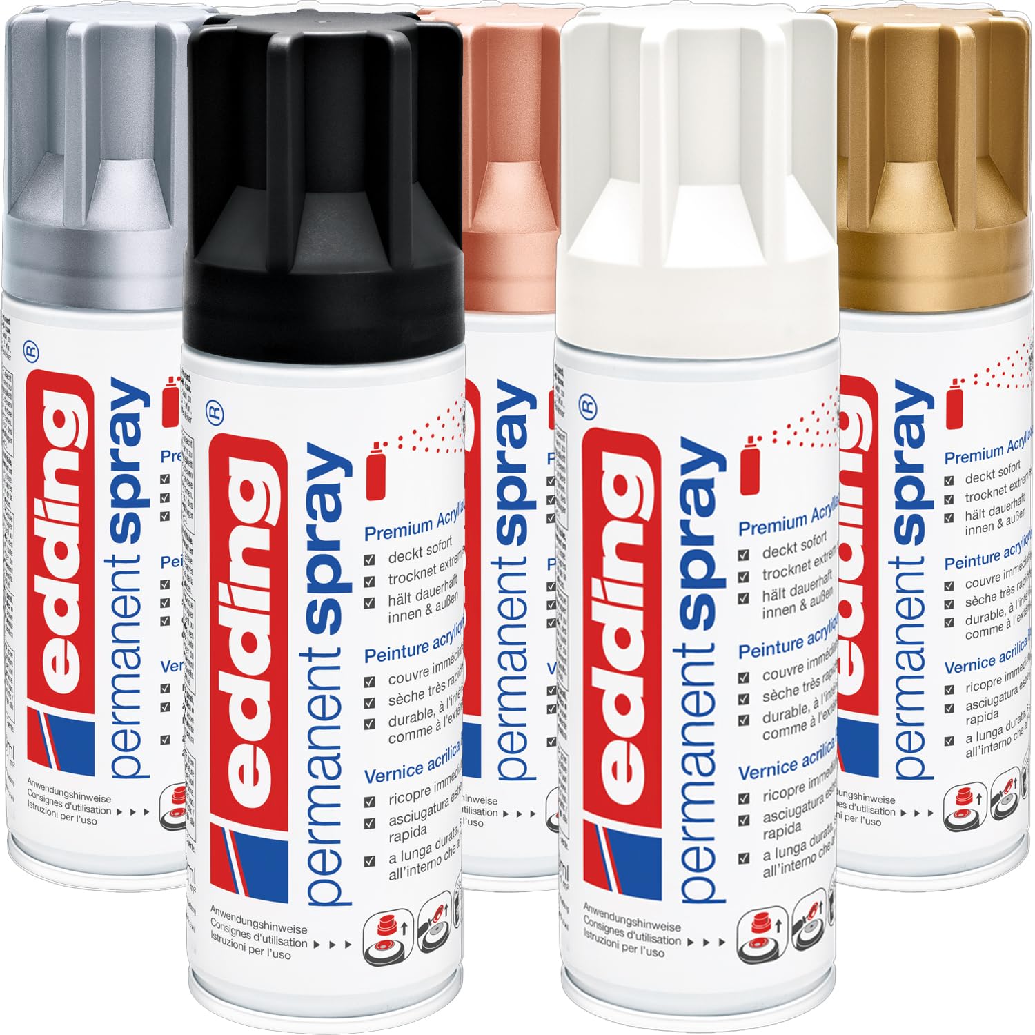 edding 5200 Permanent Spray - 200 ml - Acryllack zum Lackieren und Dekorieren von Glas, Metall, Holz, Keramik, Kunststoff, Leinwand - Lackspray, Acrylspray, Farbspray (Metallic Set 5er Pack)