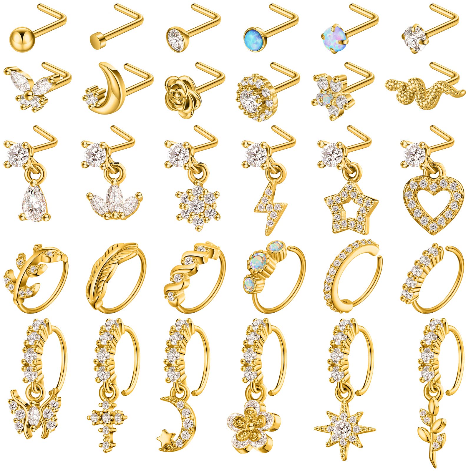 30 Pcs 20G Dangling Nose Rings for Women Nose Stud Hoop Piercing Jewelry