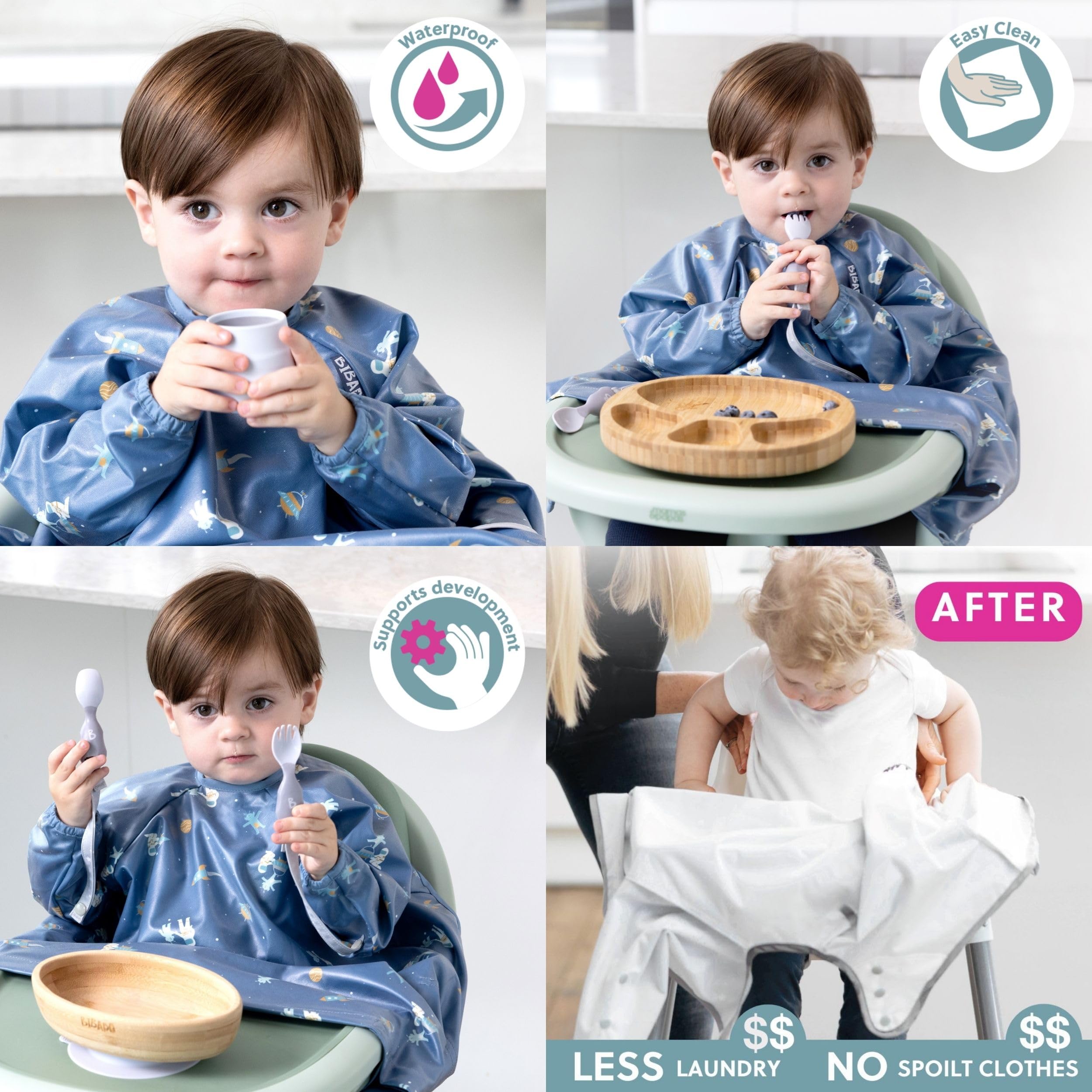 BIBaDO Bavoir à manches longues pour bébés et tout-petits de 6 à 36 ans. Bavoir anti-désordre pour bébé qui se fixe aux chaises hautes, poussettes, tables. 100% imperméable, lavable en machine