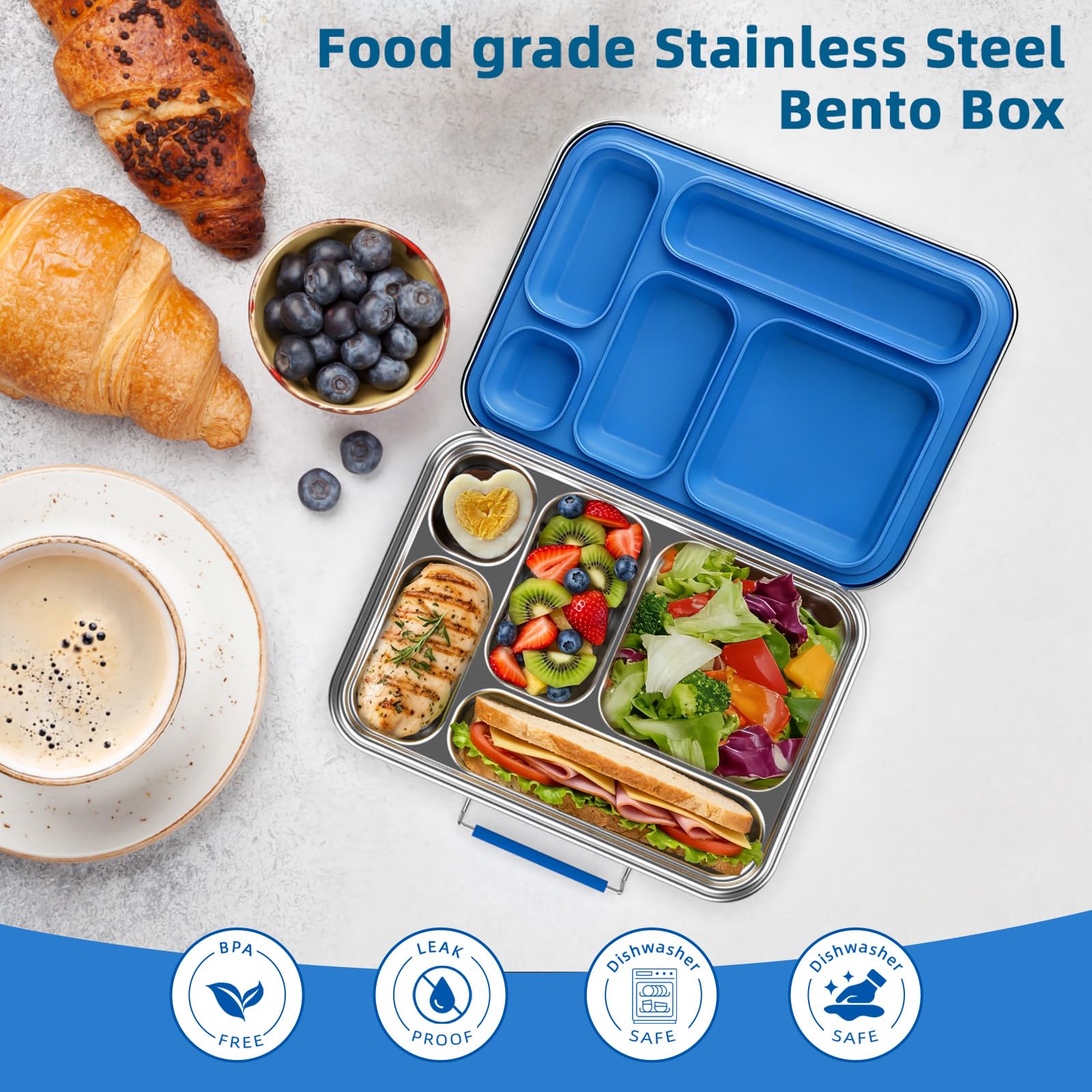 Caja Bento de acero inoxidable para adultos, 5 compartimentos, resistente a fugas, contenedor de almuerzo de acero inoxidable con 2 recipientes, apto para lavavajillas, diseño para picnics de oficina