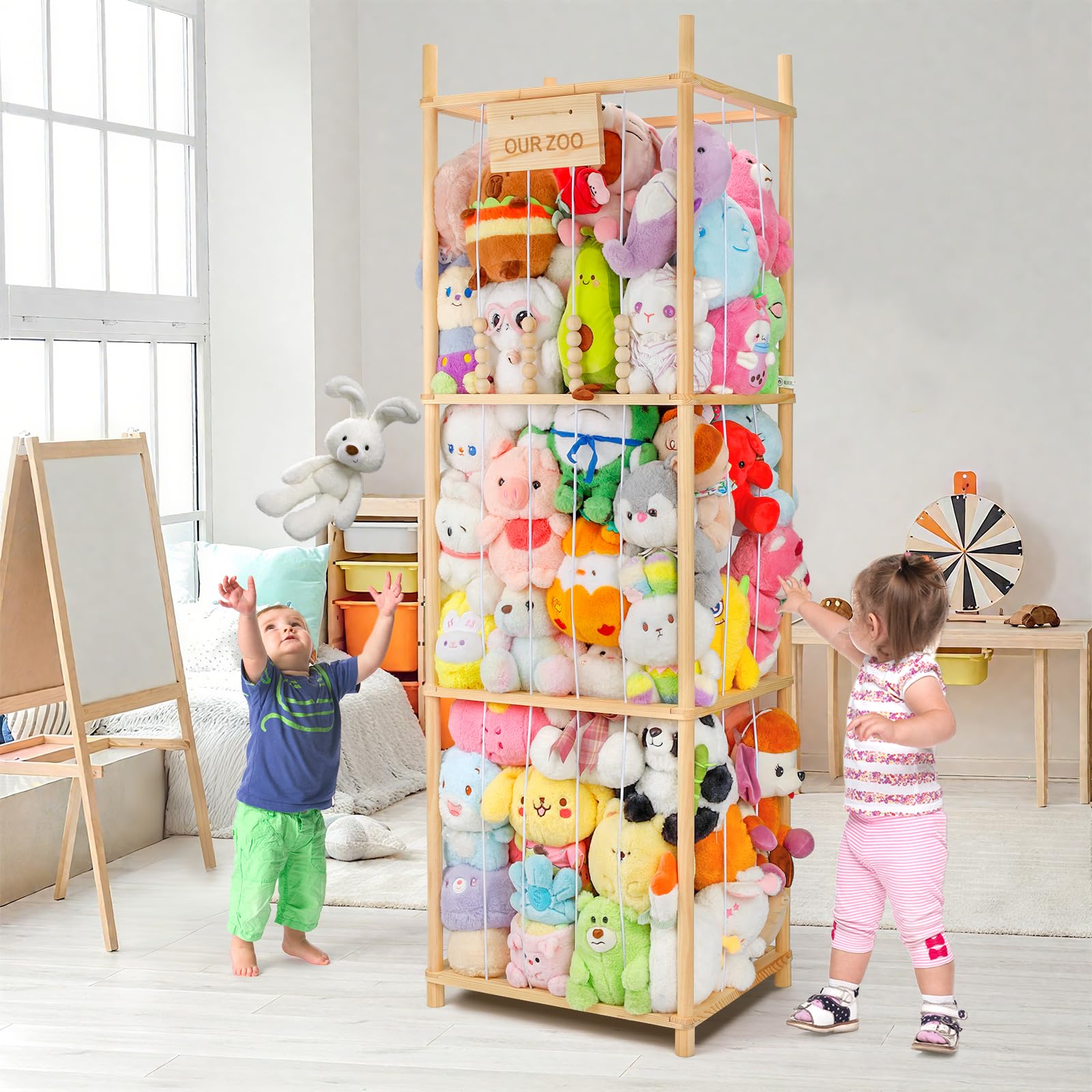 Rangement Peluche Chambre Enfant Range Peluche en Bois Rangement Doudou Grande Capacité Meuble Rangement Jouet Enfant Adapté au Salon et à la Chambre à Coucher Coffre a Jouet