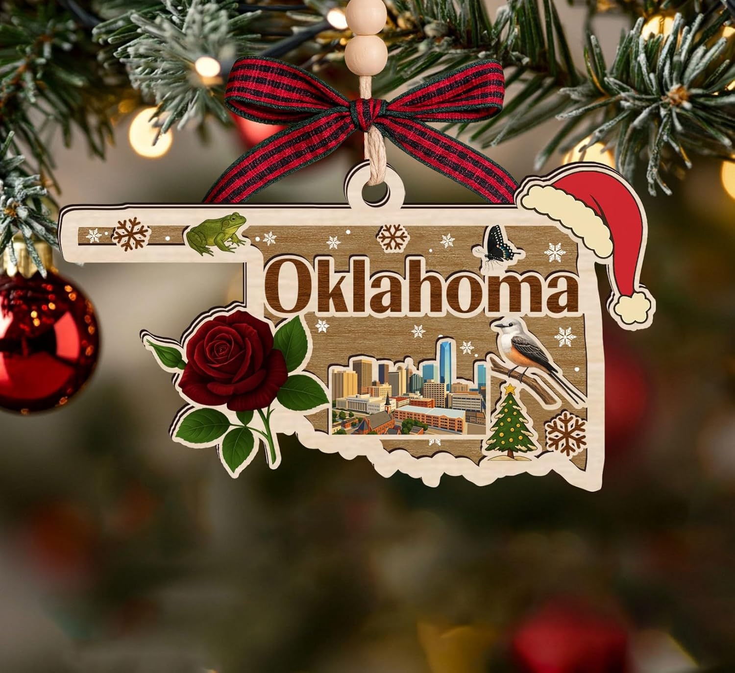 Oklahoma State Christmas Wooden Ornament - State USA Ornament - Moving to Oklahoma Gift - Travel Gift - 2 Layer Laser Cut Wooden Ornament