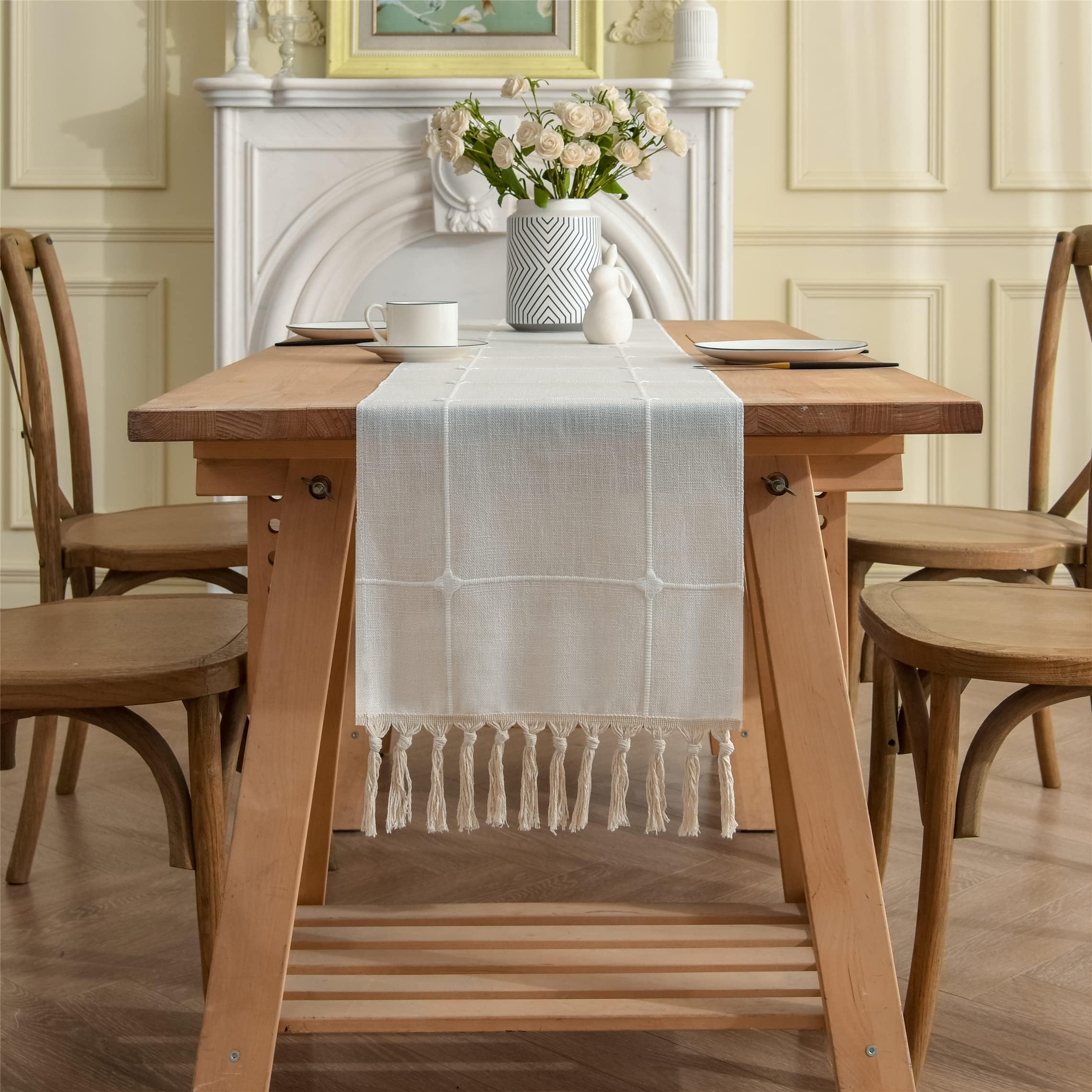 Gernaice Rustic Lattice Linen Table Runner 13 x 36 Inches Vintage Checkered Boho Farmhouse Embroidery Plaid 36 Inches Long Table Runners with Tassel Kitchen Dining Holiday Party Home Decor White