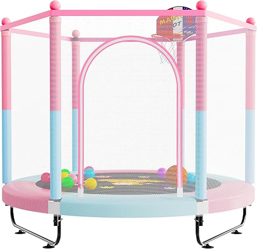 Trampolín pequeño de 60 pulgadas con red de seguridad y un aro de baloncesto, de color amarillo y azul, para interiores o exteriores regalo de