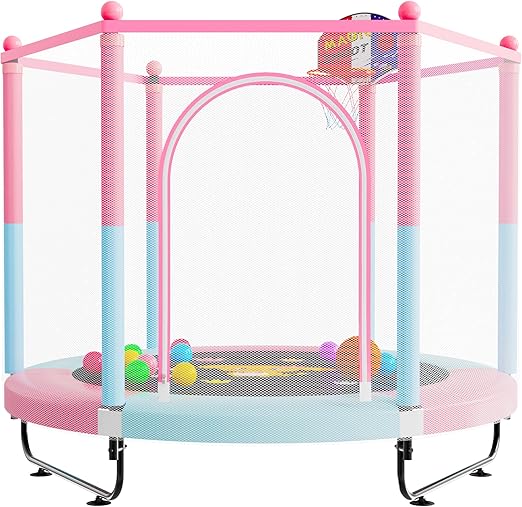60" Trampoline for Kids, 5 FT Indoor & Outdoor Toddler Baby Trampoline with Basketball Hoop, Safety Enclosure, Birthday Gifts for Kids, Gifts for Boy and Girl, Age 3-8