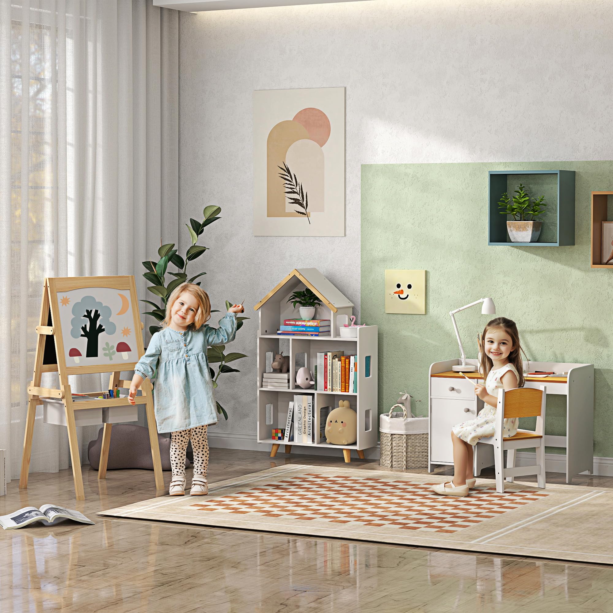 AIYAPLAY Lavagna per Bambini 3 in 1 Multiattività con Due Cestini, Cavalletto Artistico in Legno per Bambini 3-6 anni, 58x50.5x109cm