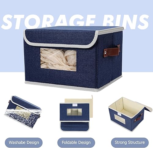 Miniatura 3 de ANMINY 2 contenedores de almacenamiento de tela con tapa, asas de piel sintética, ventana transparente, lavable, tablero de plástico PP, decorativo,