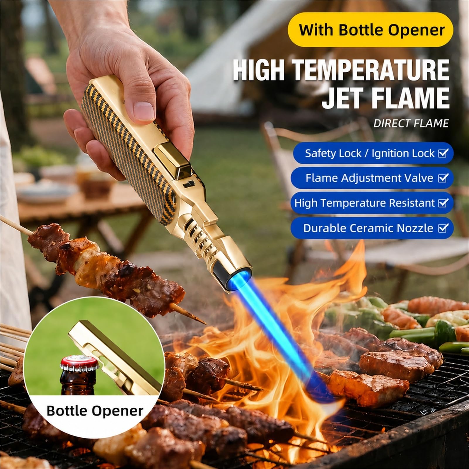 WeiGuangDu Accendino Portatile Antivento ad Alta Temperatura, Accendino Ricaricabile con apribottiglie e Blocco di Sicurezza, Adatto for Campeggio/camini (Carburante Non Incluso)(Silver)