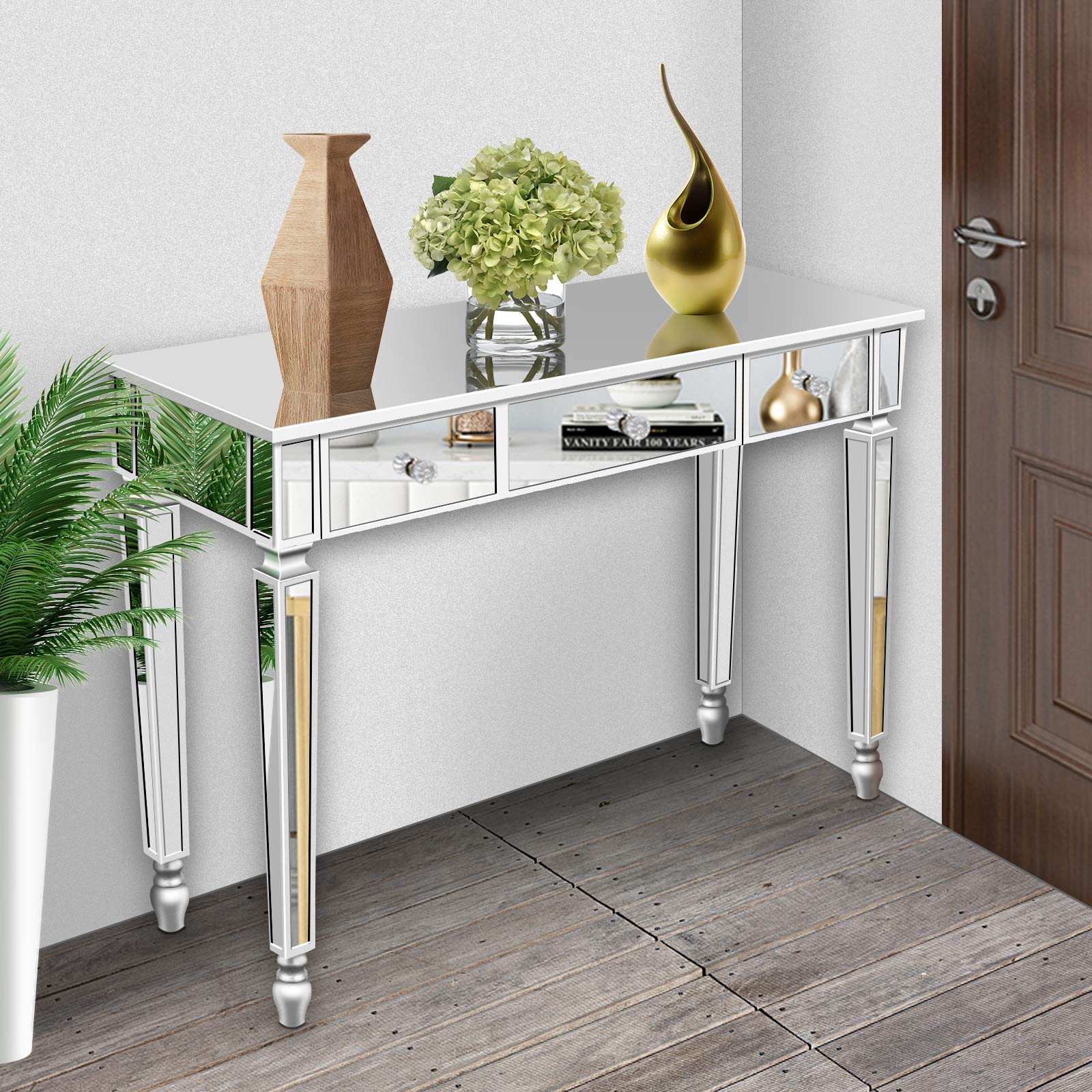 コンソールテーブル　デスク　ミラー　バニティ　ライティング　検　MTFY 鏡面　鏡　化粧台　メイクアップ Mirrored Vanity Desk / Dressing Table with Mirror / Mirror-Finish Console Table ビンテージ　vintage Amazon｜MTFY ミラーコンソールテーブル ミラーメイクアップバニティ