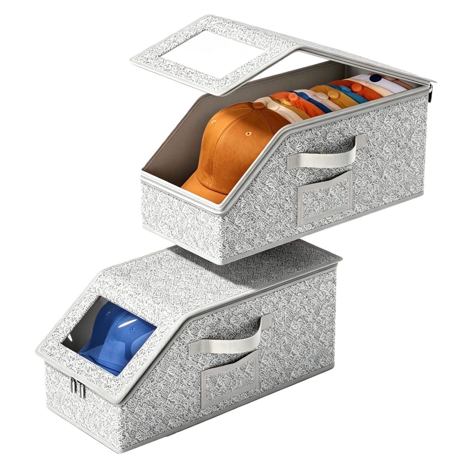 Xazuninsu Grey 2 Pcs Hat Storage Box Stackable Baseball Cap Organizer With Carrying Handles & Lid Clear Dust-Proof For Cap Closet Bedroom Dorm,