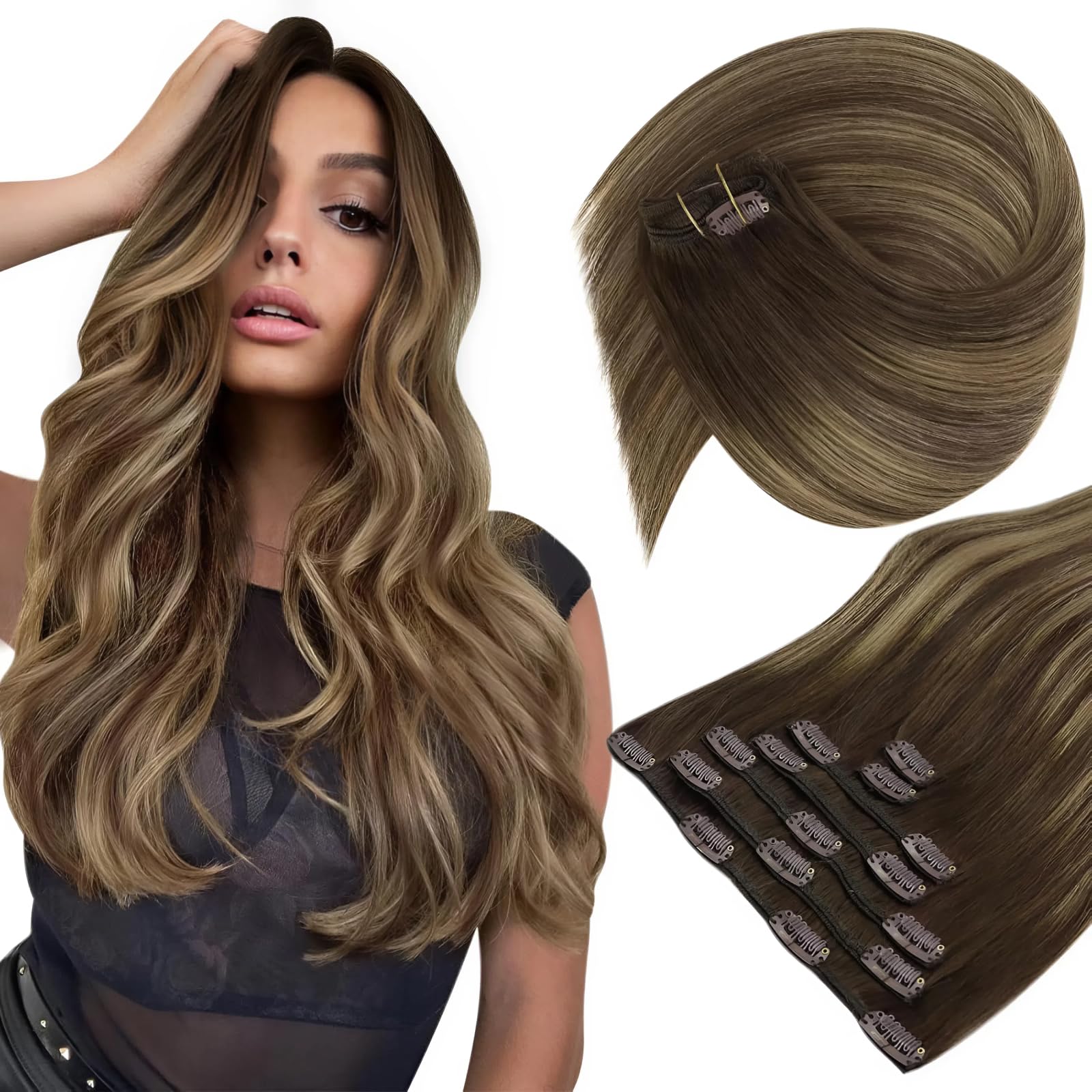 Sunny Hair Clip in Hair Extensions Straight Human Hair Clip in Extensions Remy Clip in Hair Extensions Real Human Hair Extensions Clip ins Balayage Chocolate Brown Ombre Caramel Blonde 20inch