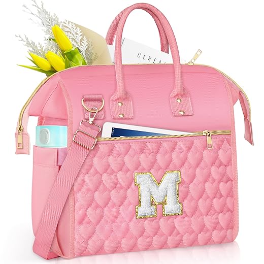 QLOVEA Christmas Gifts for Women - Insulated Large Lunch Tote Bag, Personalized Gifts for Her, Reusable Lunch Box with Muti-Pockets and Adjustable Strap, Chenille Lunch Box for Work Picnics Initial M