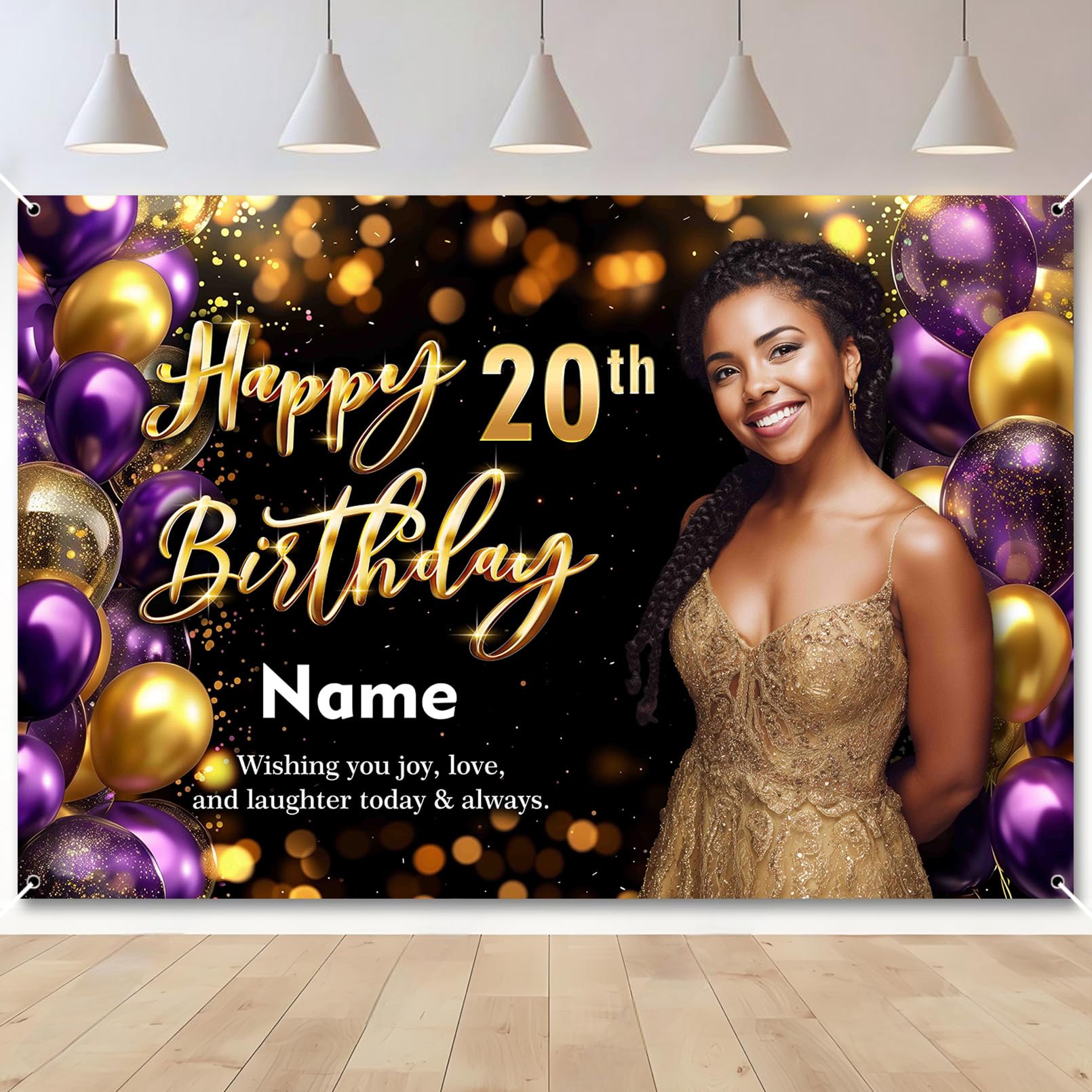 Custom Birthday Purple Gold Banner Add Photo Name Age Party Banner Decor — image 1