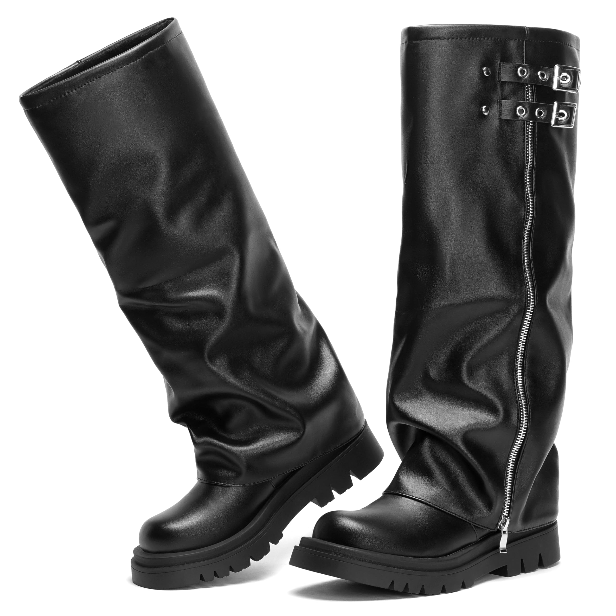 AlureAbys Women's Fold Over Knee High Boots Round Toe Comfortable Flat Platform Chunky Heel Shoes Slip-on Combat Moto Biker Riding Boots Long Boot