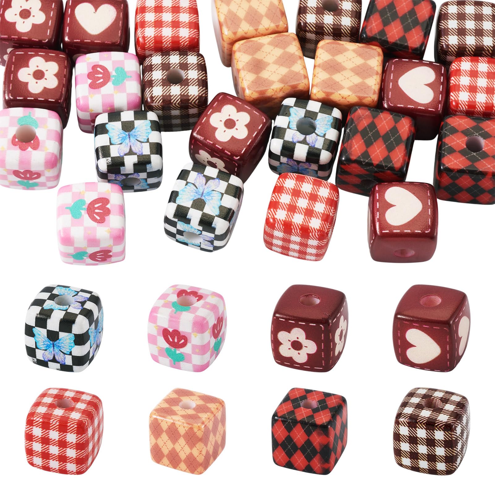 24Pcs Printed Acrylic Beads Cube Stripe Opaque Acrylic Beads DIY Jewelry Making Accessories Bracelet Necklace Earring Cute Phone Ornaments Handmade Crafts Decorations Making Valentine's Day