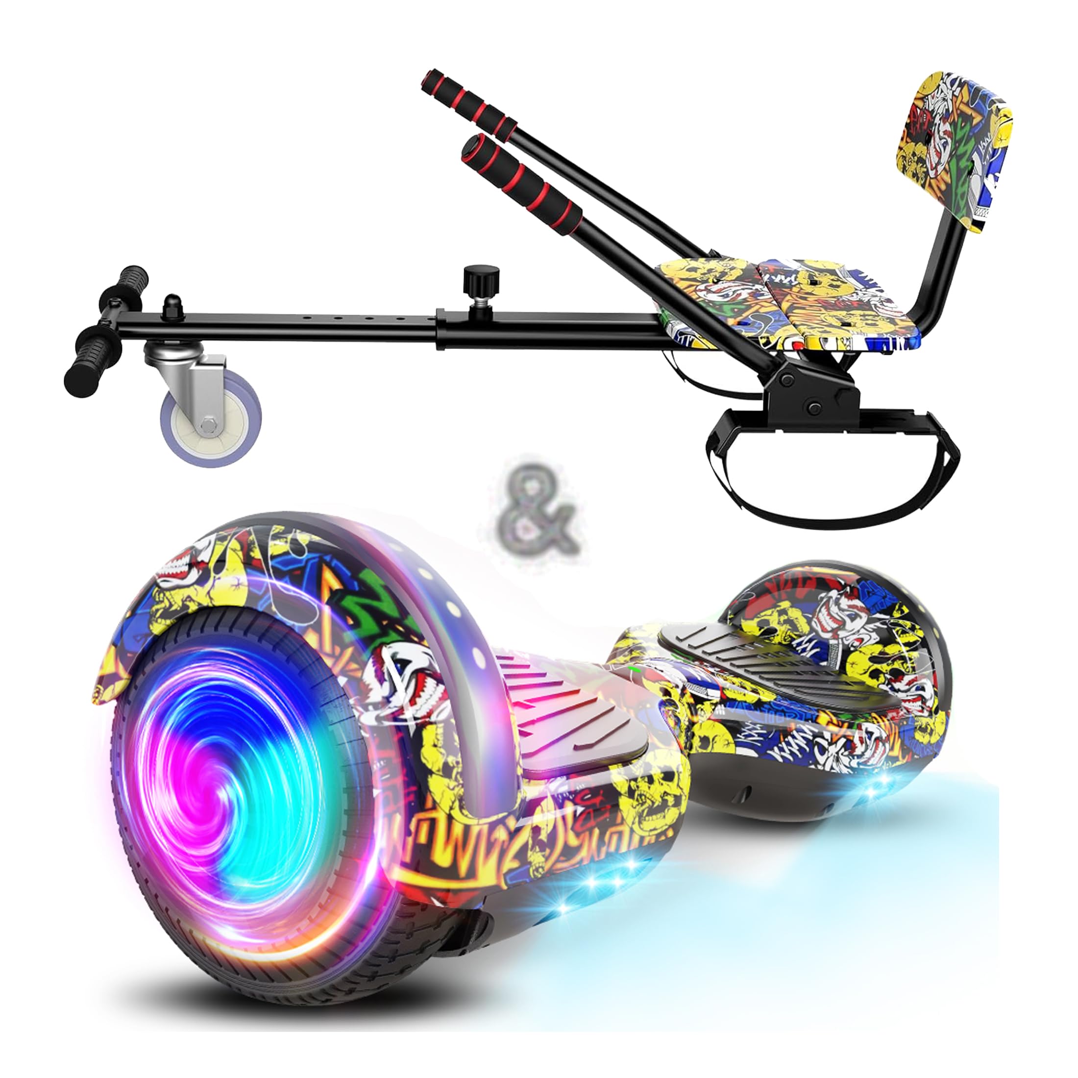 SISIGAD Scooter Seat Attachment, 6.5'' Self Balancing Scooters Go Kart with Bluetooth and LED Lights, F Graffiti+Graffiti
