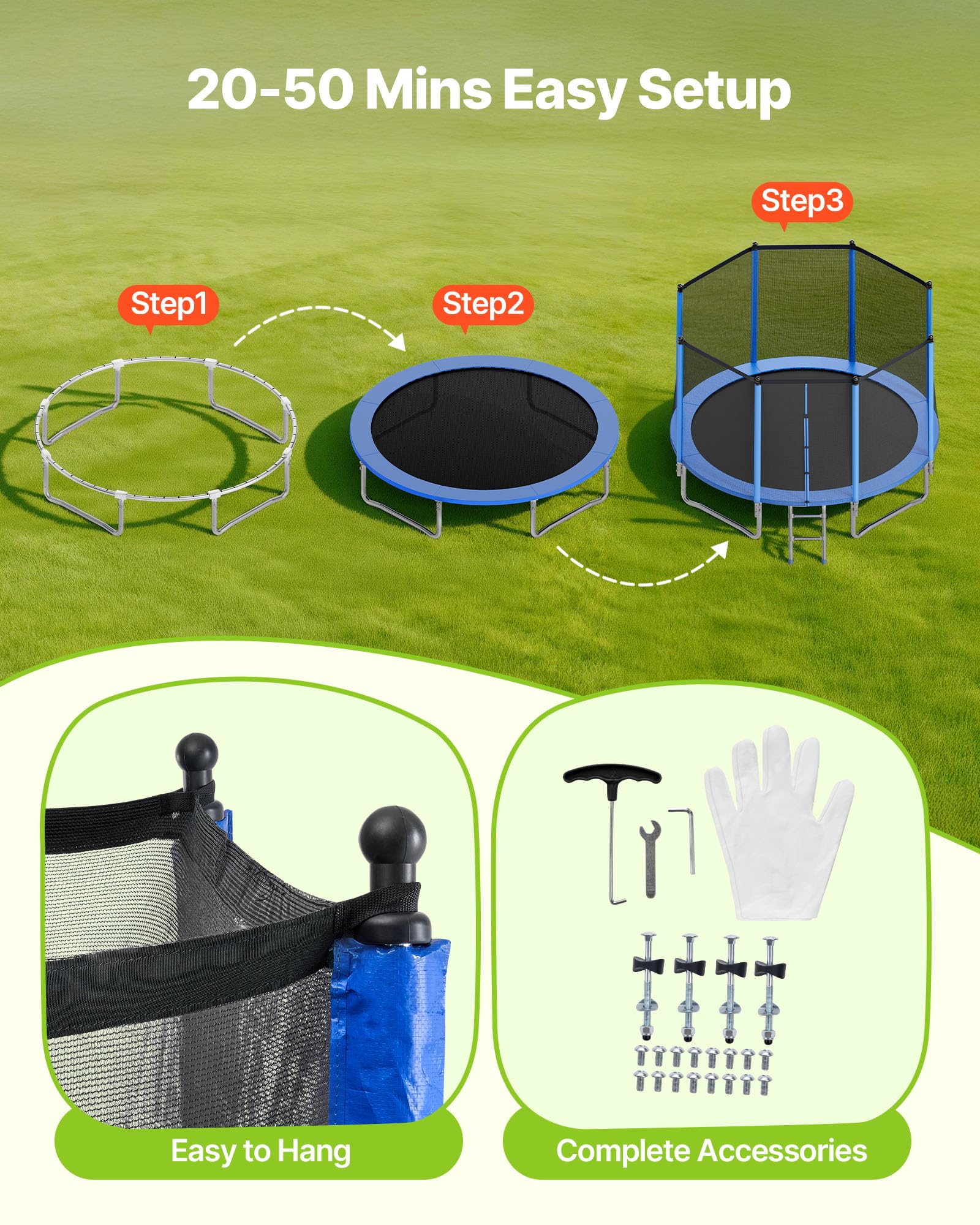 VEVOR Trampolín de Exterior 366 x 256 cm, Cama Elástica Infantil con Red de Protección, Capacidad Máxima de 181 kg, Trampolín al Aire Libre con Postes Rectos, Regalo de Cumpleaños para Niños