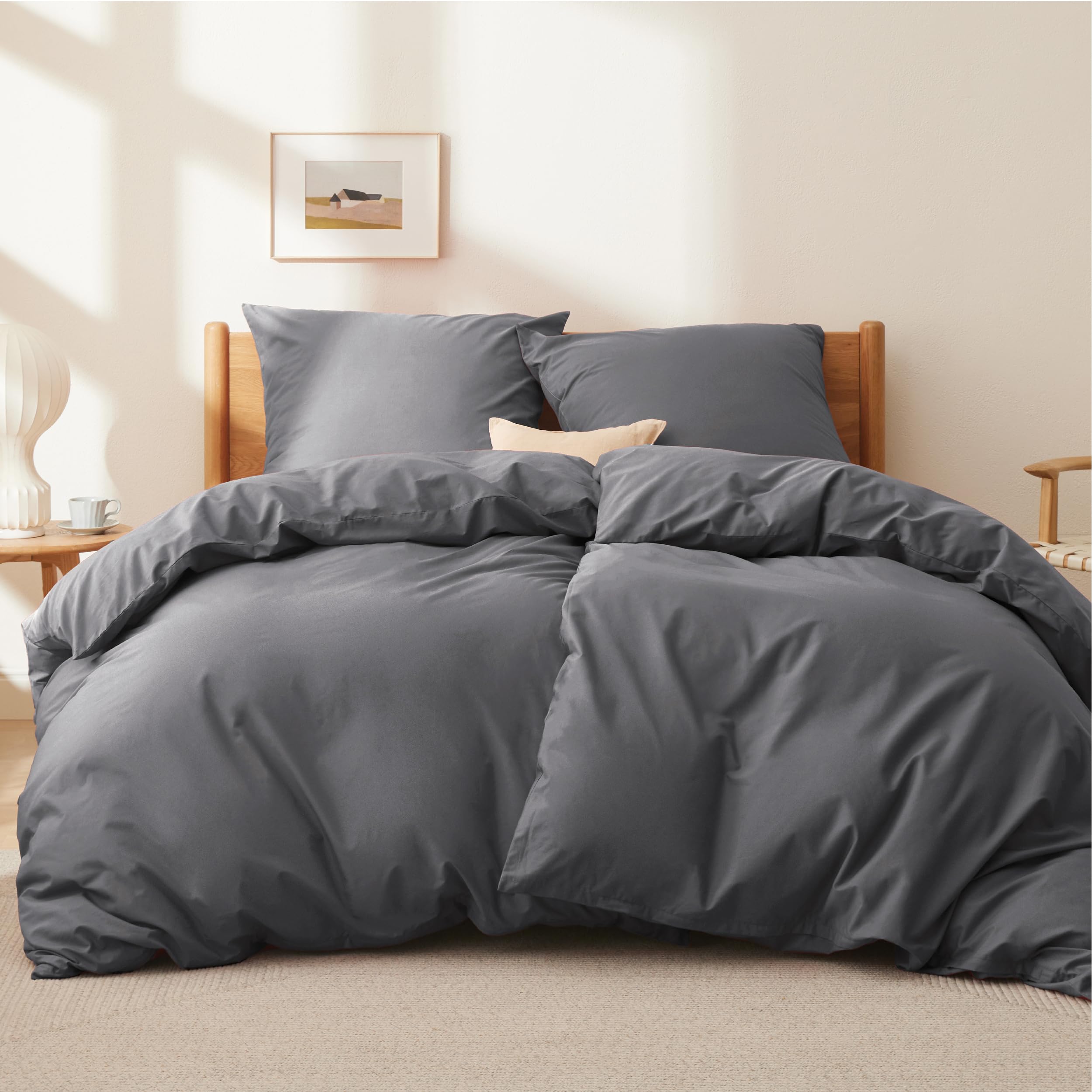 BEDSURE Bettwäsche 135x200 Baumwolle 4teilig - Bettwäsche-Sets für Kinder und Erwachsene, 2 Bettbezug & 2 Kissenbezüge 80x80 cm, Oeko-TEX Bedding Dunkelgrau Grau mit Reißverschluss