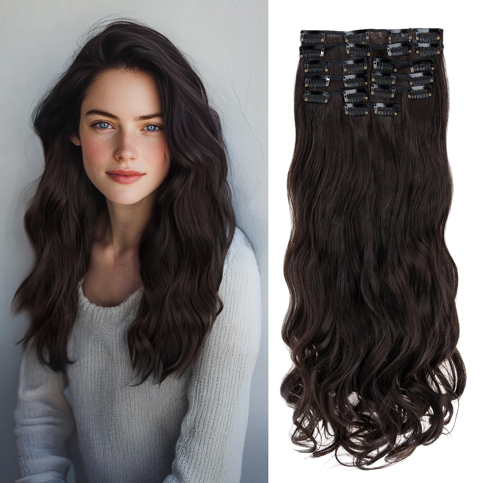 Benehair 22" Clip in Hair Extensions 12 Pcs Long Curly Wave Hair Extensions Clip in Full Head Synthetic Fiber Dark Brown Hair Piece for Women Girls(Dark Brown