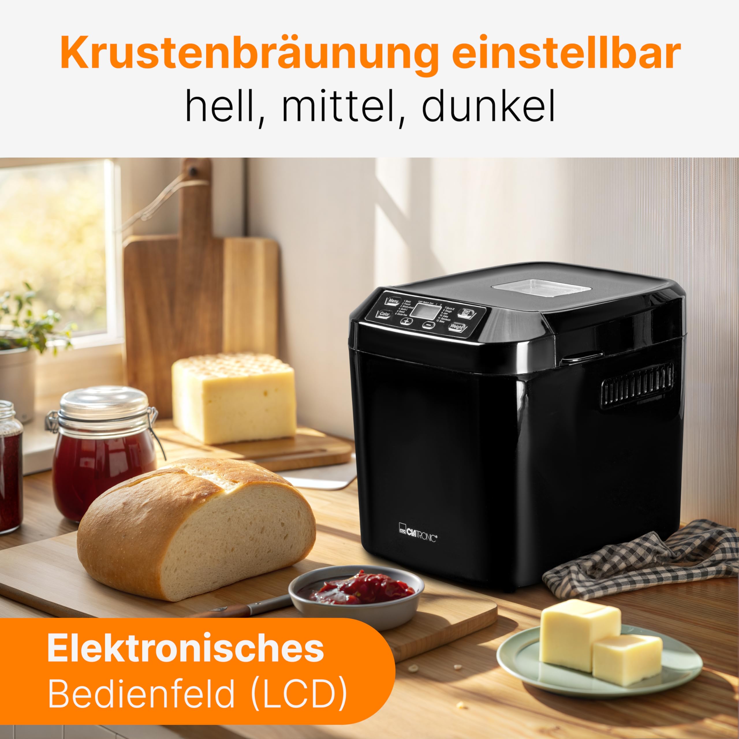 Clatronic® Brotbackautomat - frisches Brot zu Hause selber backen | automatische Zubereitung & Warmhaltefunktion | Backautomat mit Timer | einfache Bedienung über Display | 12 Backprogramme | BBA 3774