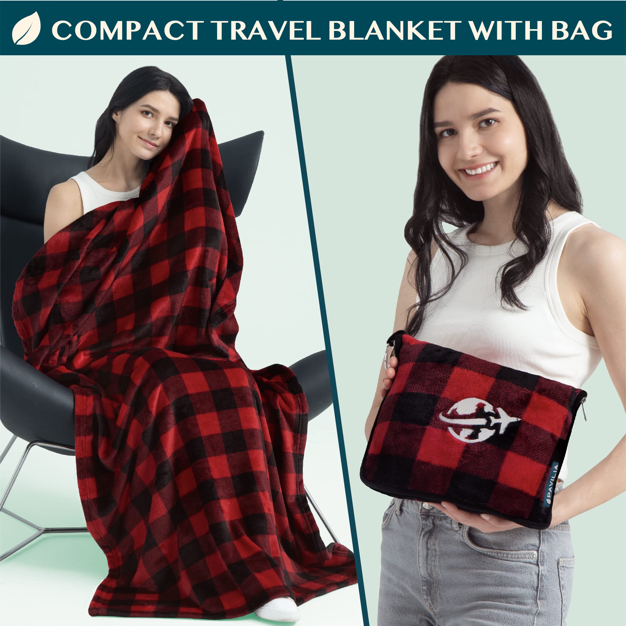 PAVILIA Coperta da viaggio e cuscino, coperta per aereo, per adulti, compatta, con foro per il braccio, borsa 2 in 1 per aereo, auto, campeggio, bagaglio, zaino, regalo da viaggiatore, rosso a scacchi