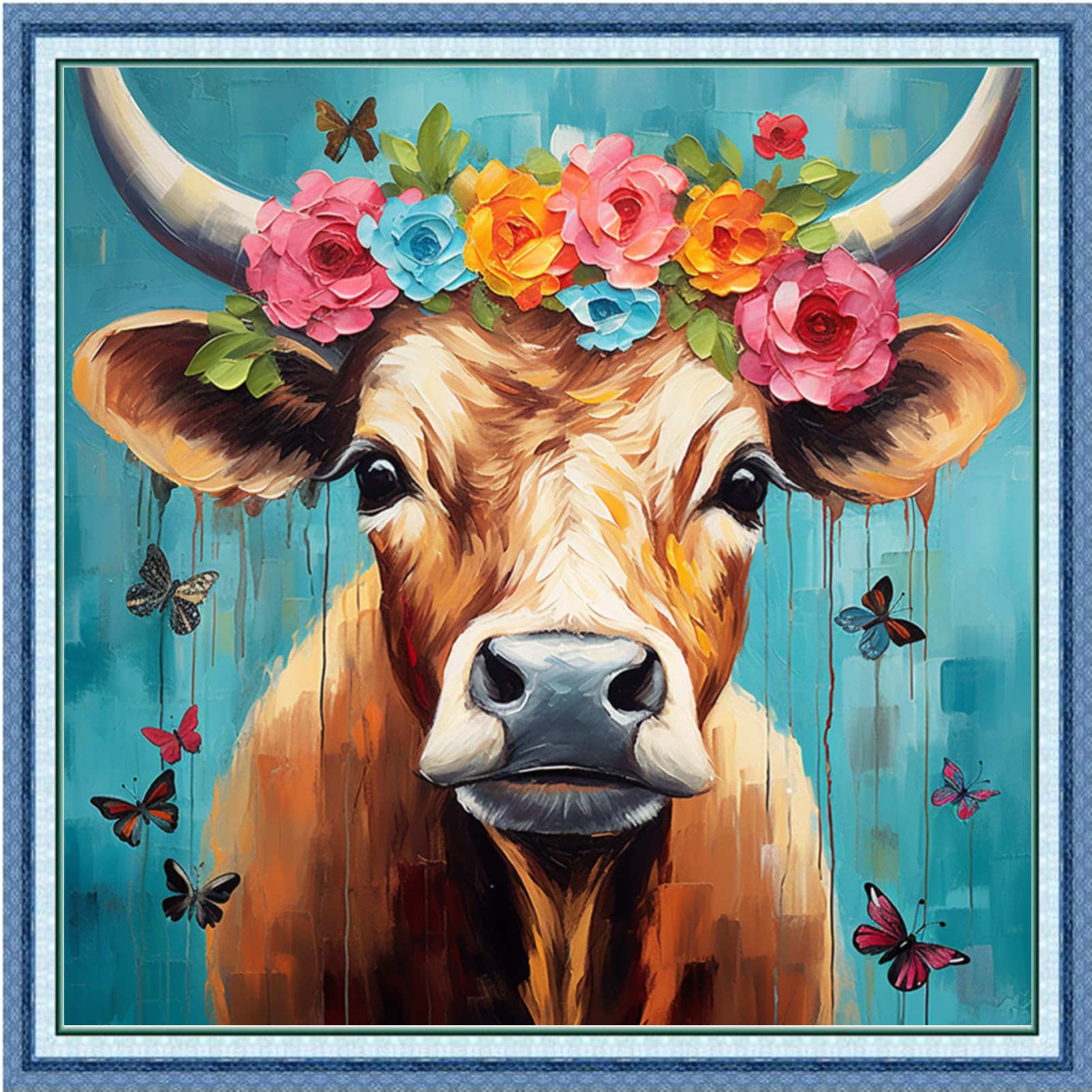 Foxdiviy Stamped Cross Stitch Kits Full Range of Embroidery Needlework Starter Kits for Beginners Adults 11CT Embroidery Patterns Art Crafts DIY Needlepoint Kits-Rainbow Cattle 18x18 inch