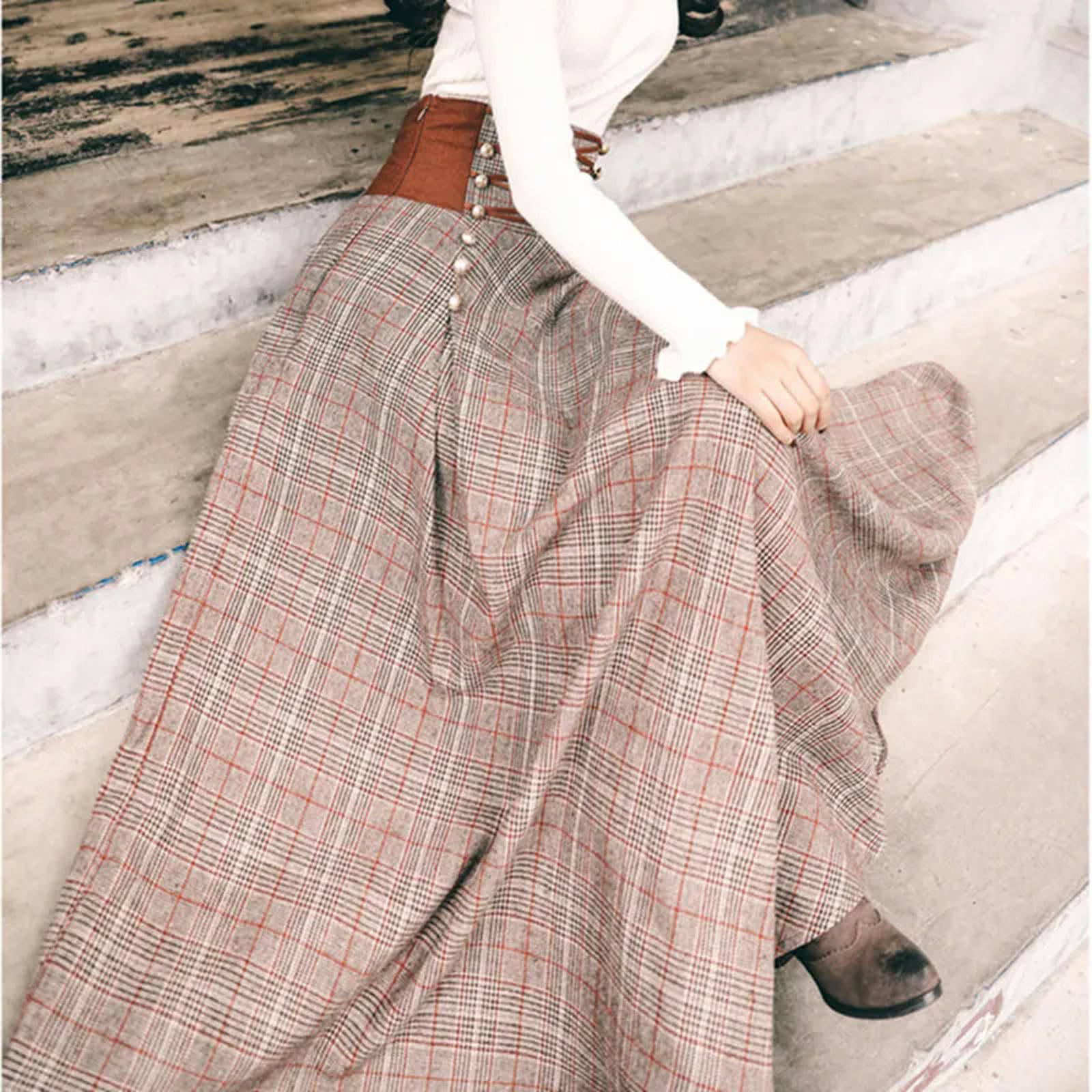 Spódnica elegancka vintage z wysokim stanem guzik design z tyłu koronkowa spódnica damska jesień zima gruba linia A długa spódnica maxi