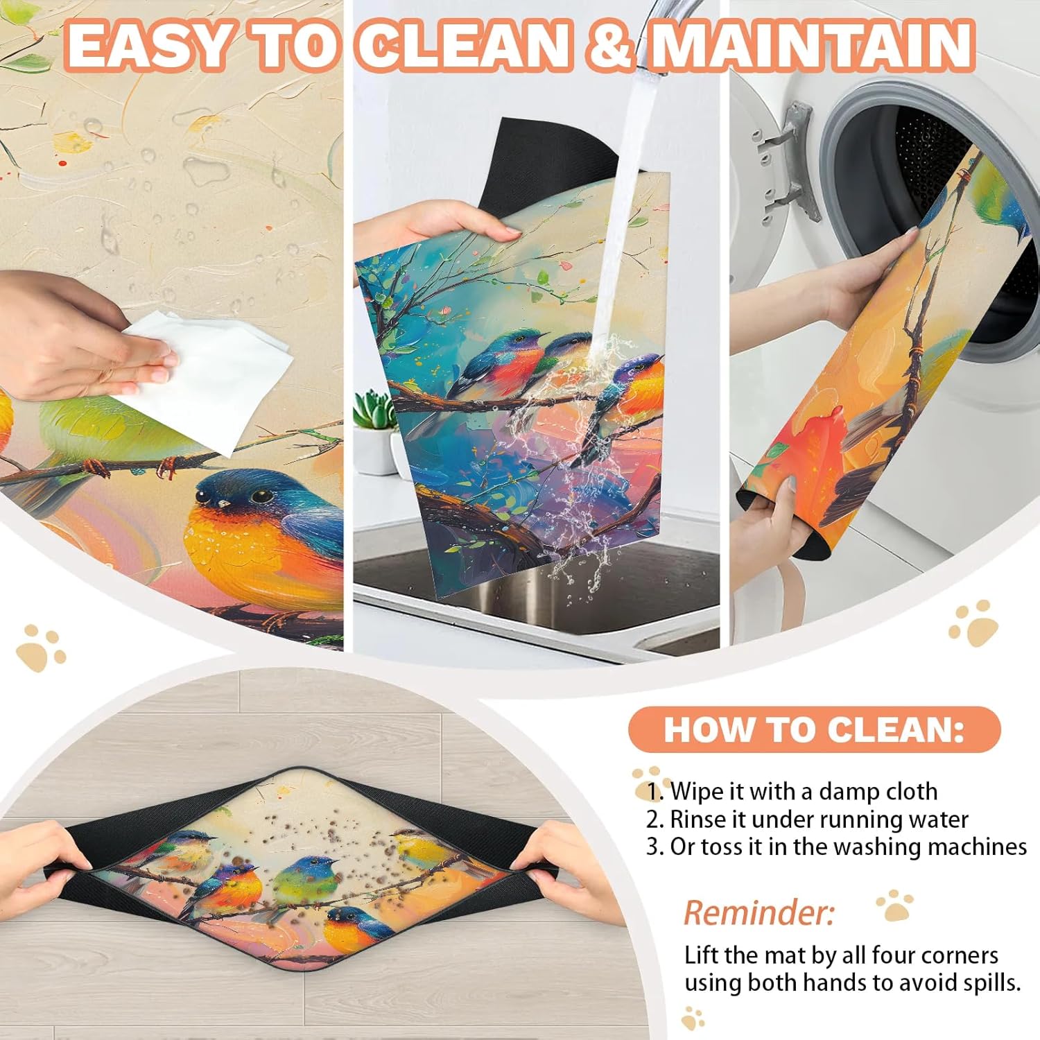 Hexteria Birds Pet Feeding Mat Oil Painting Non Slip Absorbent Pet Placemat for Food and Water Bowl Dog Cat Food Mats for Floors Puppy Accessories, 24 x 32 in