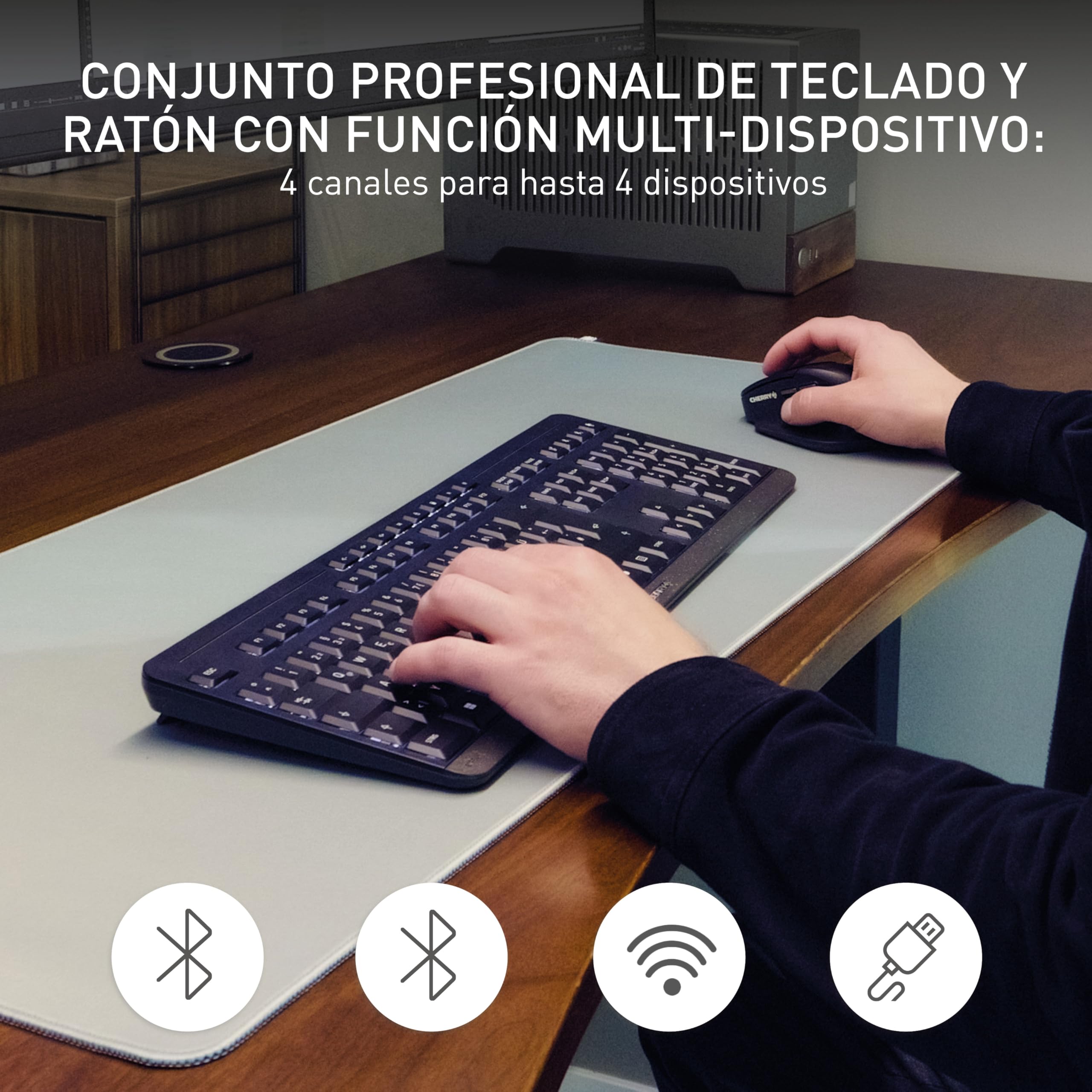 CHERRY Stream Desktop Ultimate, Conjunto de Teclado y Ratón Inalámbricos Multidispositivos, Distribución US (QWERTY), Ratón Ergonómico para Diestros, Negro