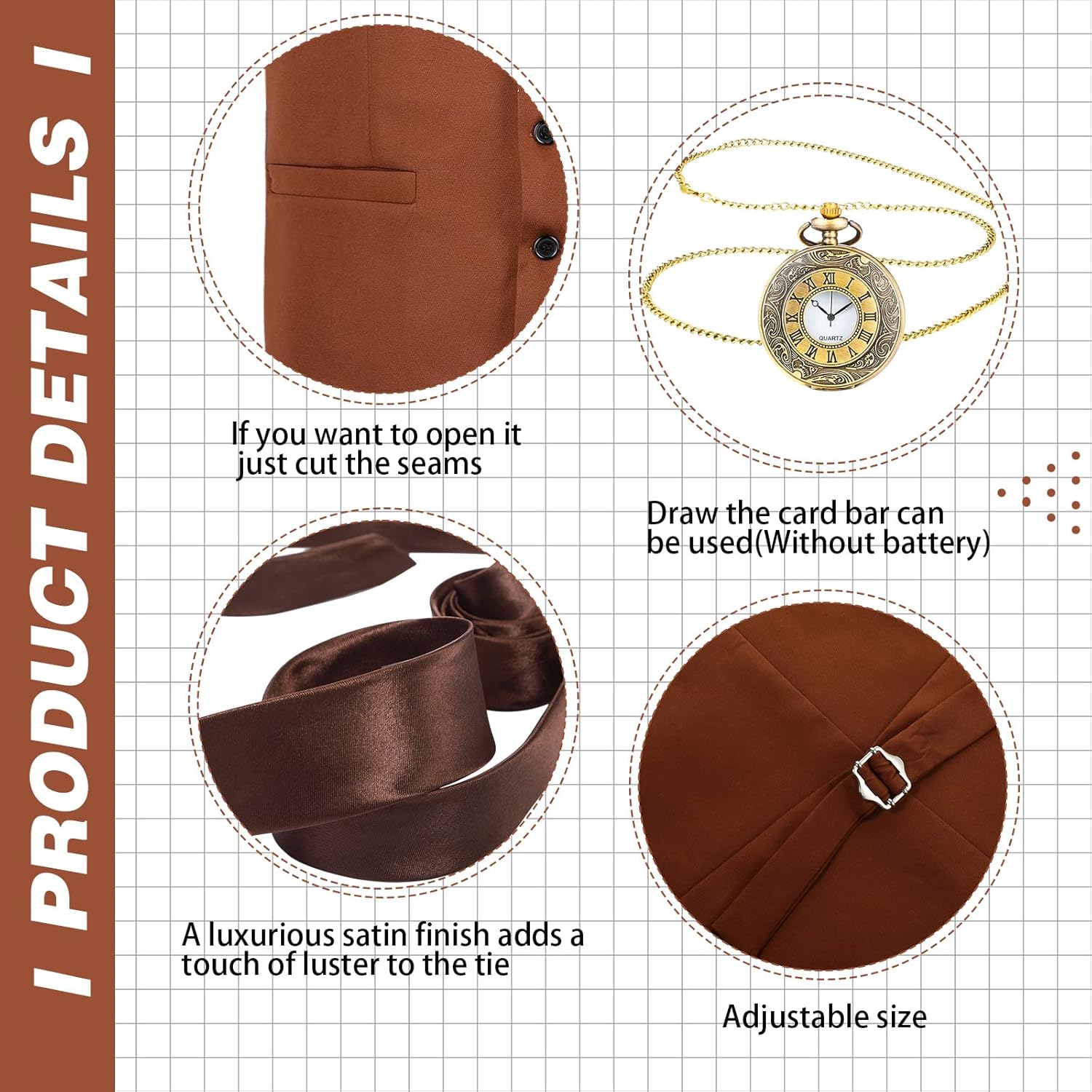 SATINIOR 1920s Mens Costume Roaring Outfit with Gangster Vest Hat Pocket Watch Suspenders for Race Meeting 2026 - Image 5