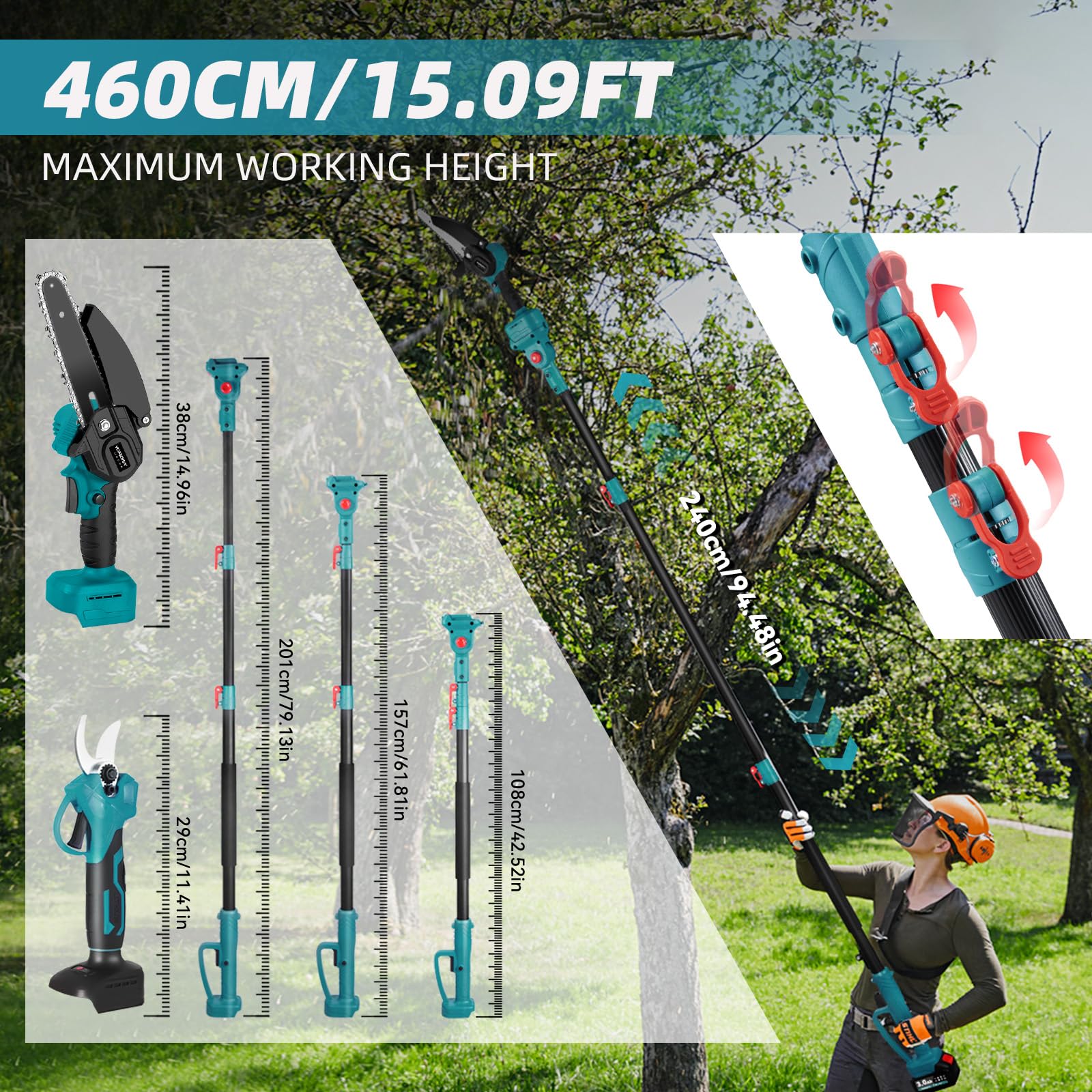 Yofidra 4-en-1 6 Pouces Tronçonneuse Télescopique & 25 mm Sécateur Électrique, Élagueuse Télescopique Électrique avec 2 3.0Ah Batteries, Angle Réglable à 180°, Portée Maximale Jusqu'à 4,6 m