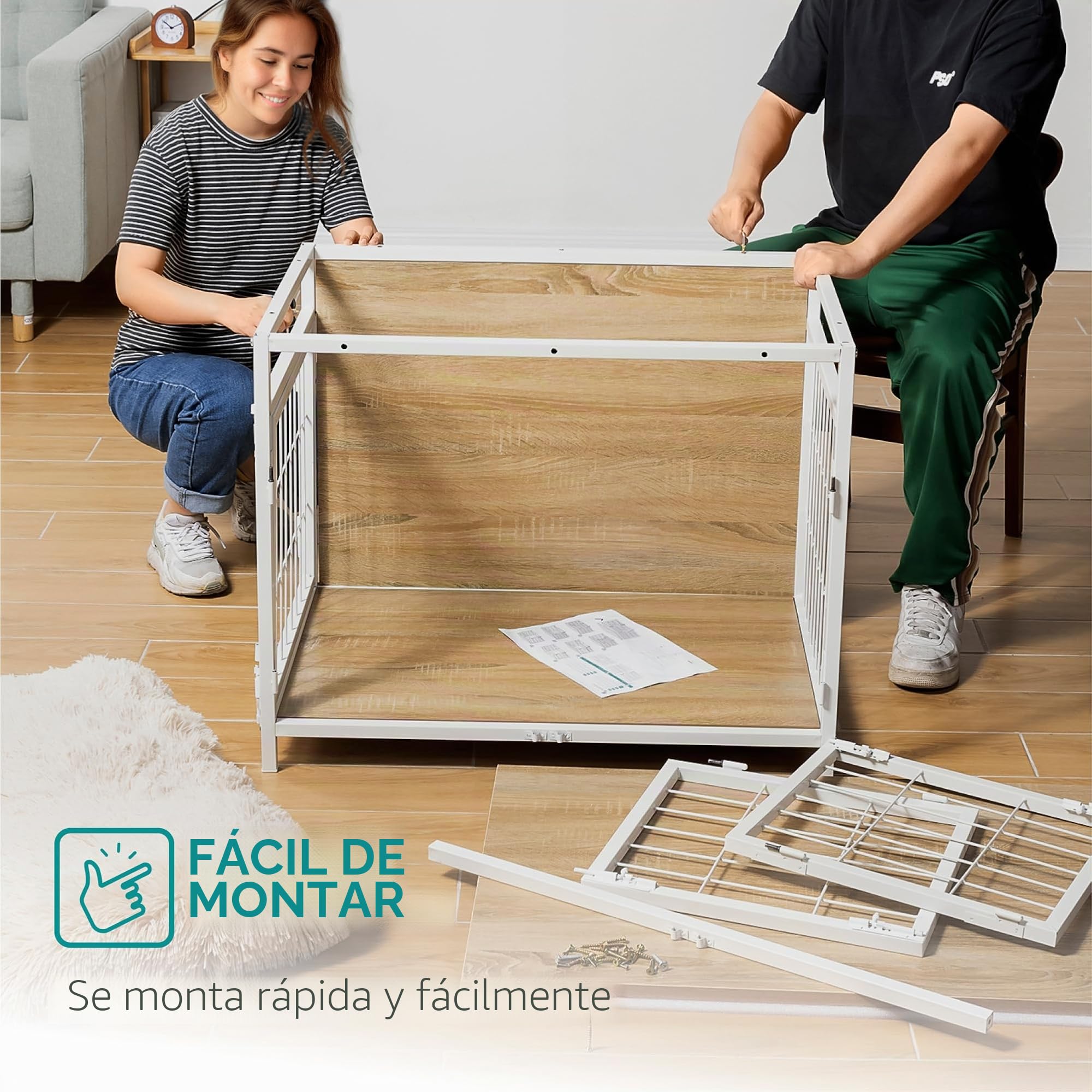 Navaris Jaula para Perros Grandes - Mueble con Compartimento Jaulas XXL de 80 x 56 x 63,5 cm para Perro Mediano o Grande - con Alfombrilla y Puertas con Cerramientos Individuales