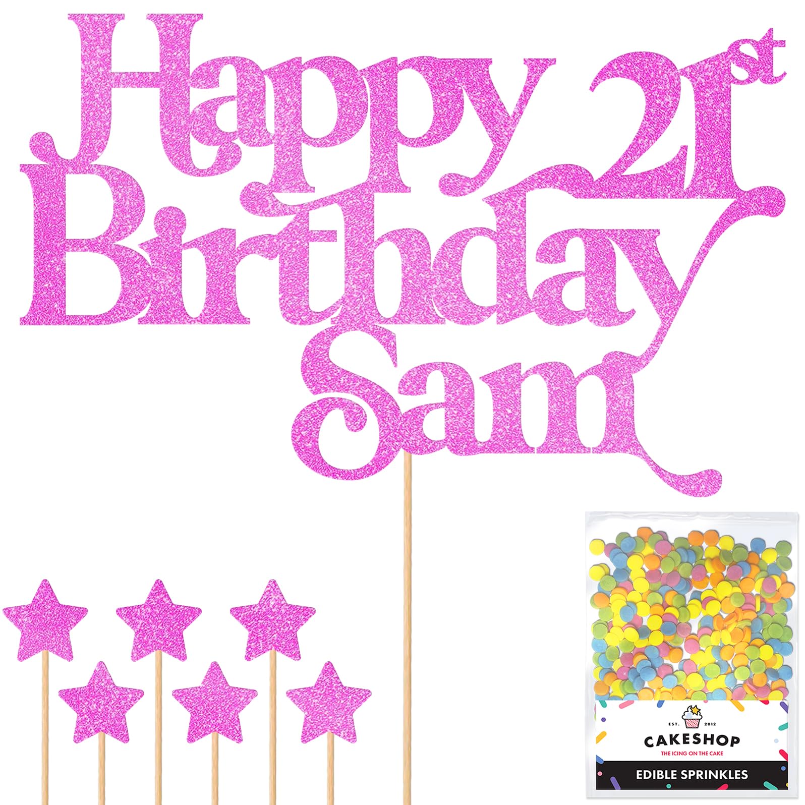 Personalised Happy Birthday Glitter Cake Topper - Light Pink Any Name & Any Age Glitter Cake Decoration and Sprinkles - Happy Birthday Decorations - Personalised Toppers for Cakes by Cakeshop
