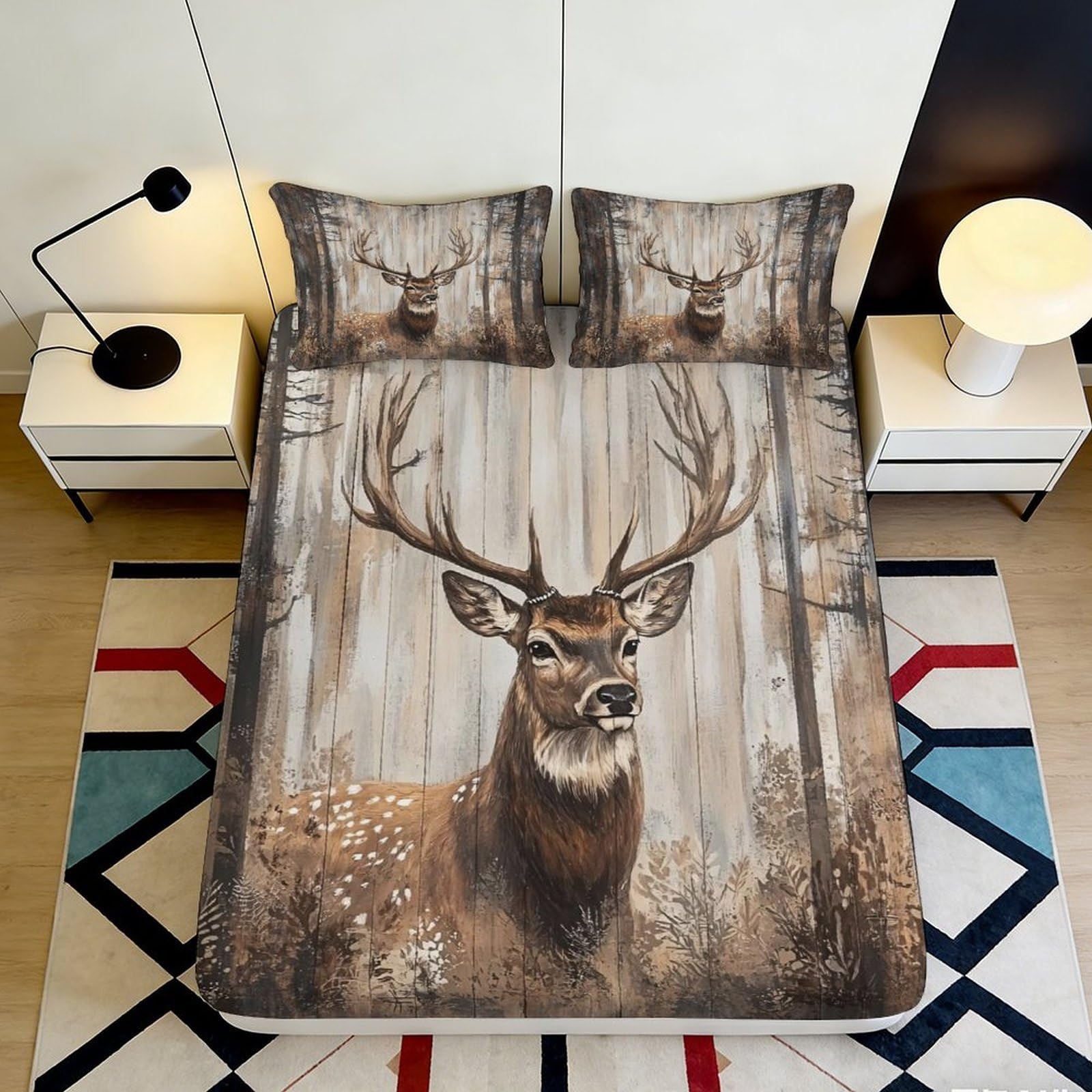 3D Printed Forest Deer Fitted Sheet Microfiber Anti-Slip Woodland Stag Mattress Cover for Bedroom Decor 90x200x25cm