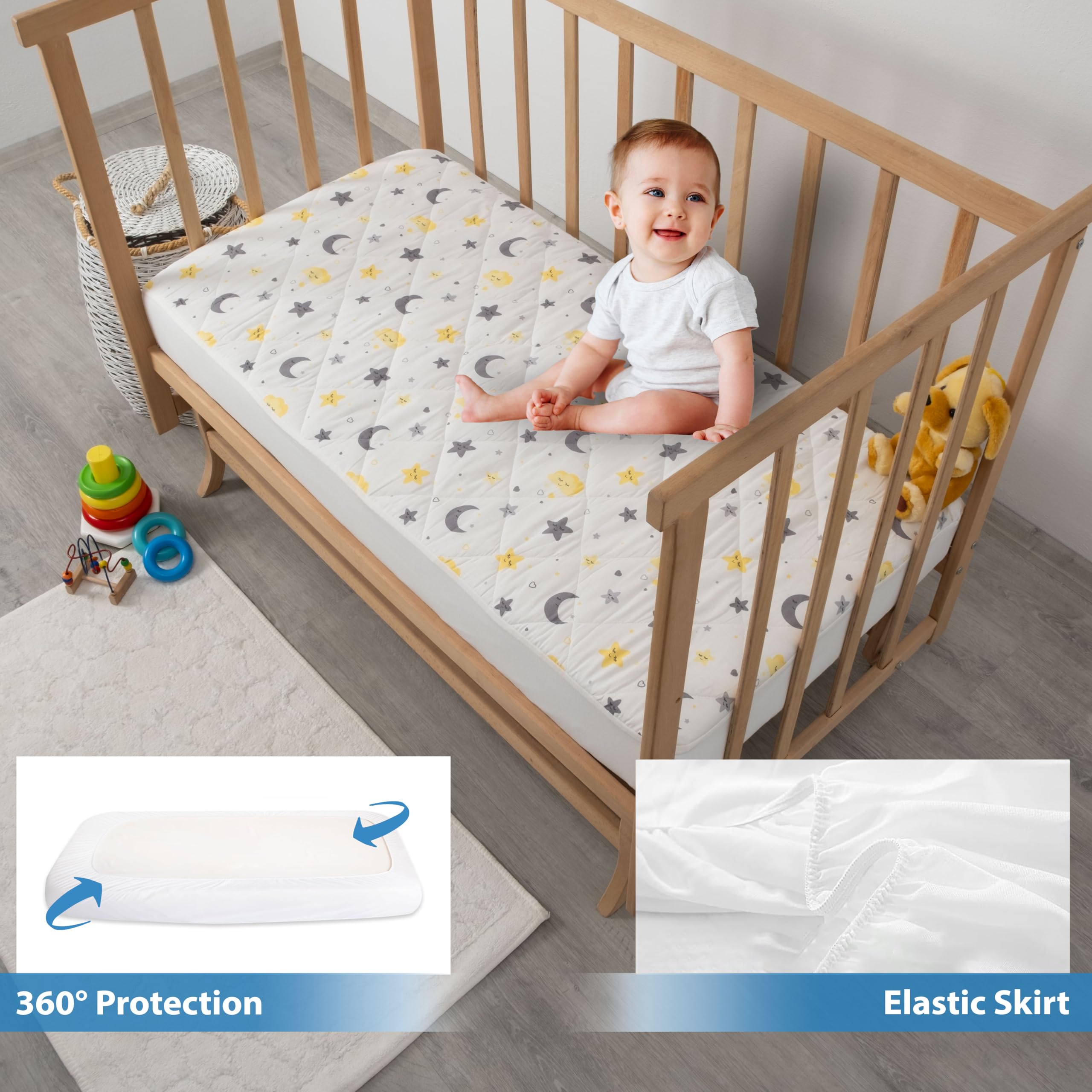 Wasserdichter Matratzenschoner für Kinderbetten, %100 % Baumwolle, saugfähiger Matratzenschoner für Kinderbett, gesteppt, zertifiziert, geräuschlos, maschinenwaschbar, Mond- und Sternmuster, 132,1 x
