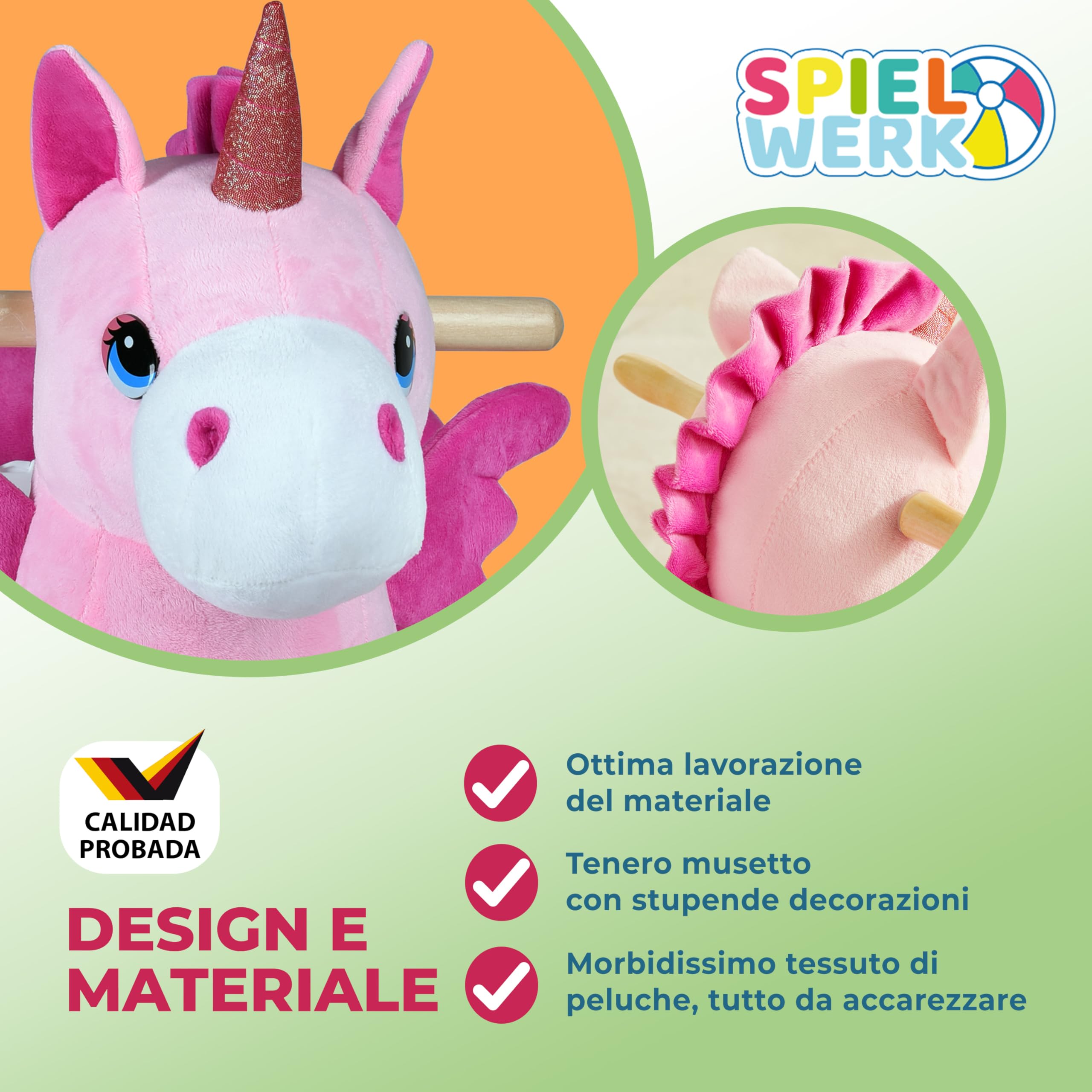 DEUBA® Unicorno Rosa Peluche a Dondolo Legno con Suoni Cintura di Sicurezza Giochi Infanzia Bambini Giocattolo Regalo