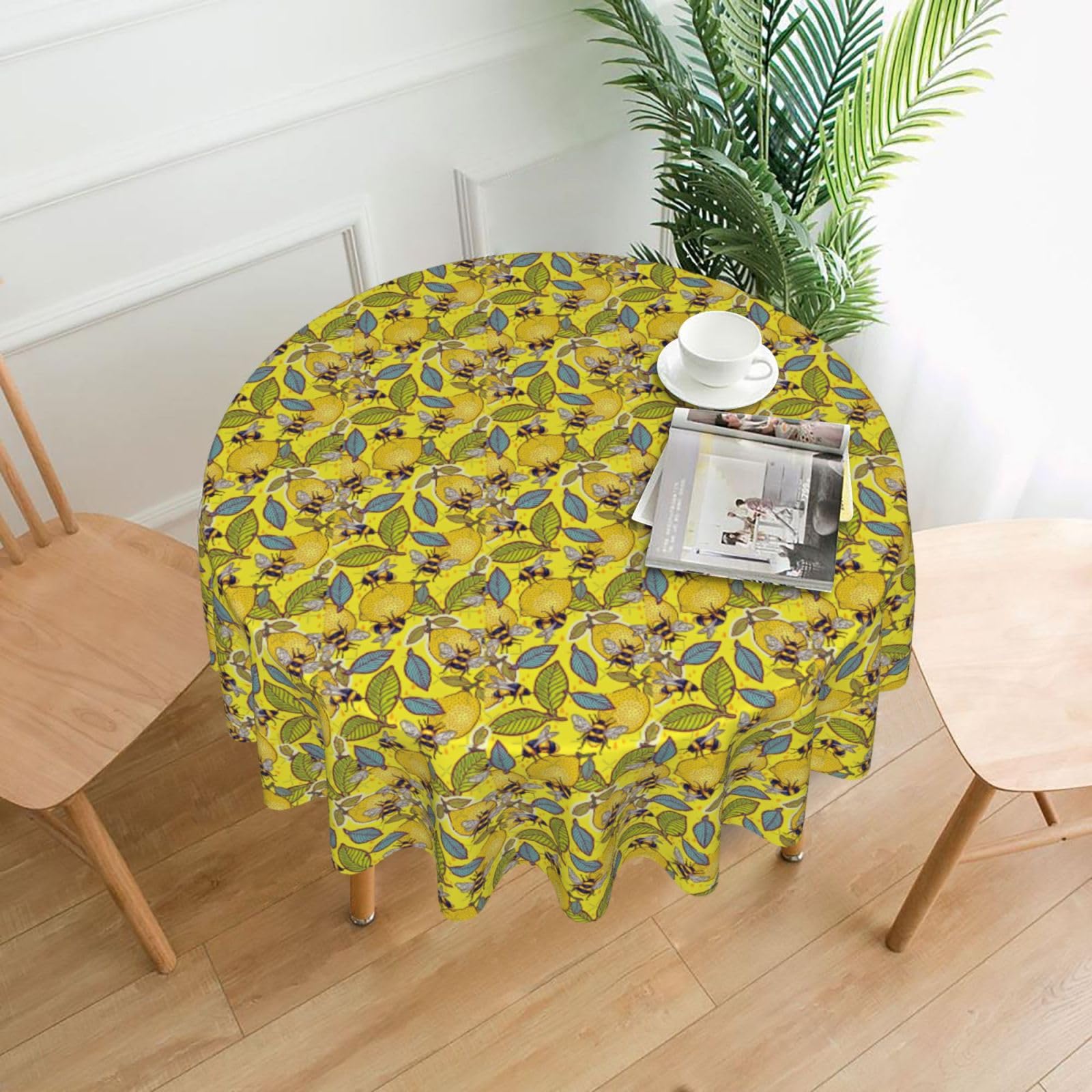Nbtghga Yellow Lemon And Bee Print Tablecloth Round Border Table Cloth Cover Decorative For Party Holiday Dinning Tabletop Home