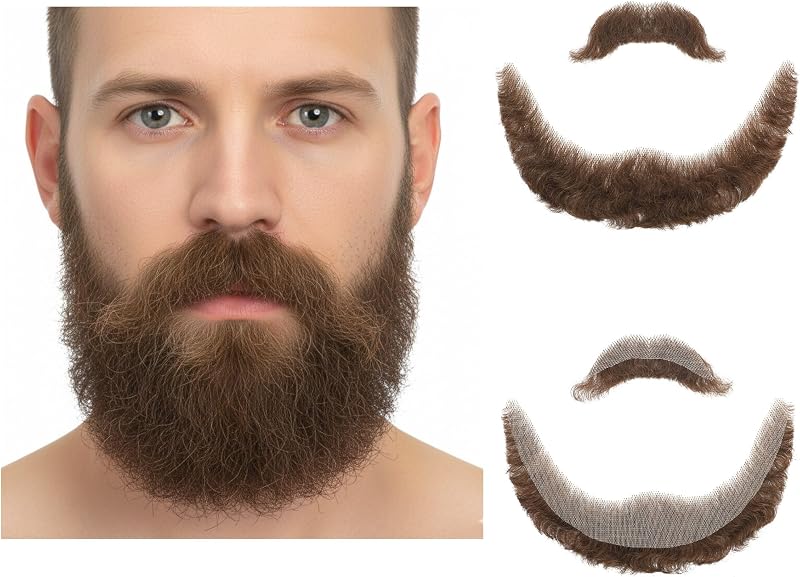 Human Hair Fake Beard and Mustache - Curly Thick Brown Beard for Men - Handmade Realistic Costume Facial Hair for Halloween, Cosplay, Theater, Parties