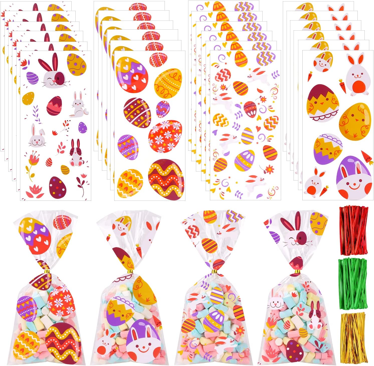 JOICEE 120PCS Easter Cellophane Treat Bags，Easter Bunny Eggs Cello goodies Candy