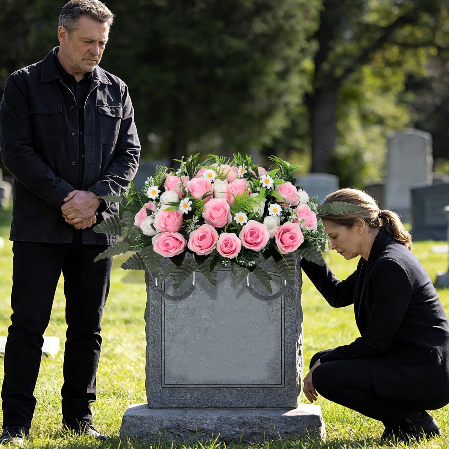 Artificial Cemetery Flowers Set Headstone Flower Saddle Memorial Grave Roses for Outdoor Grave Decor UV Resistant