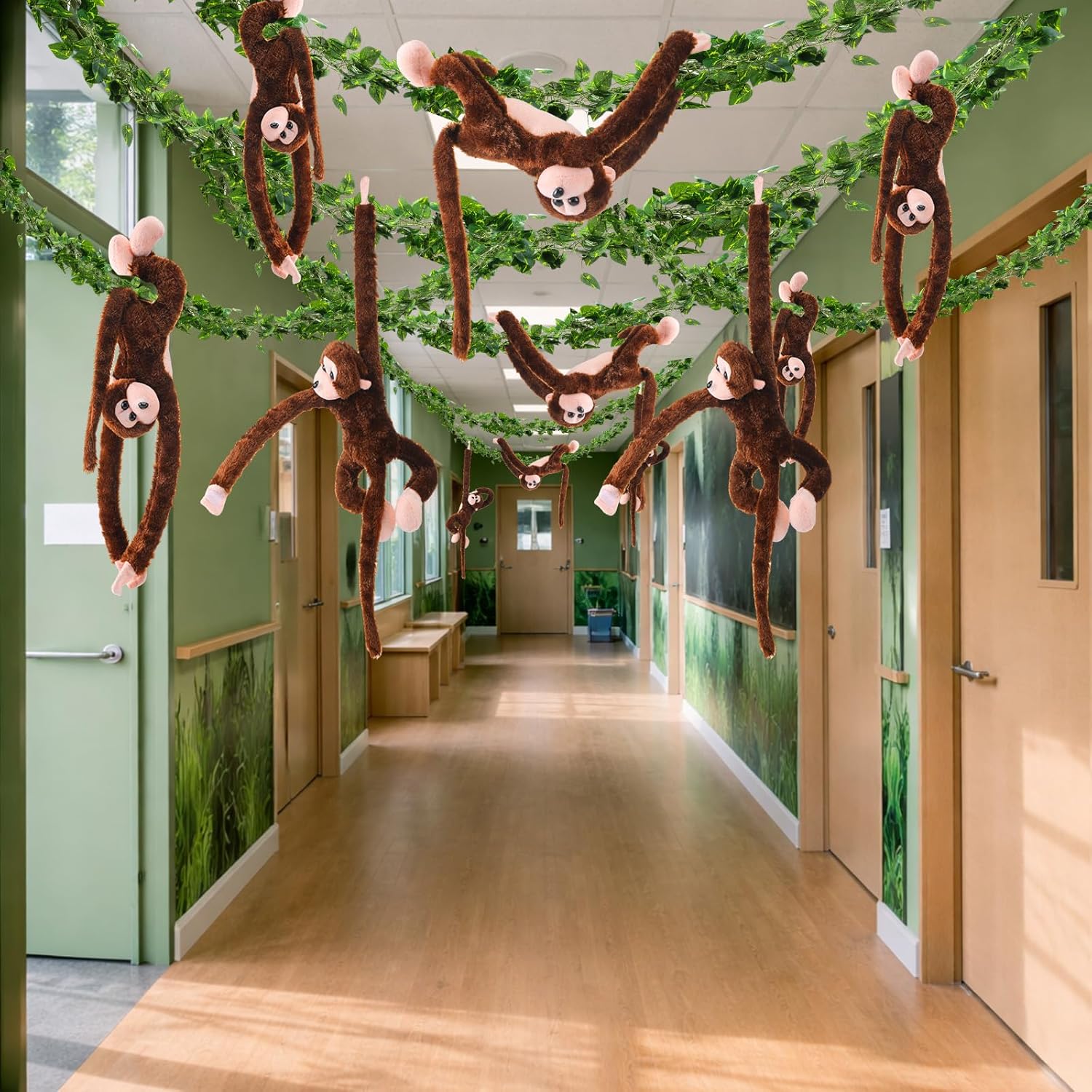 6 Pcs Jungle Theme Party Decorations Hanging Monkey Decor Stuffed Animal with 12 Pcs 7.22ft Artificial Vine Plush Hook and Loop Fastener for Rainforest Safari Birthday Party(Dark Brown, Yellow,21 in)