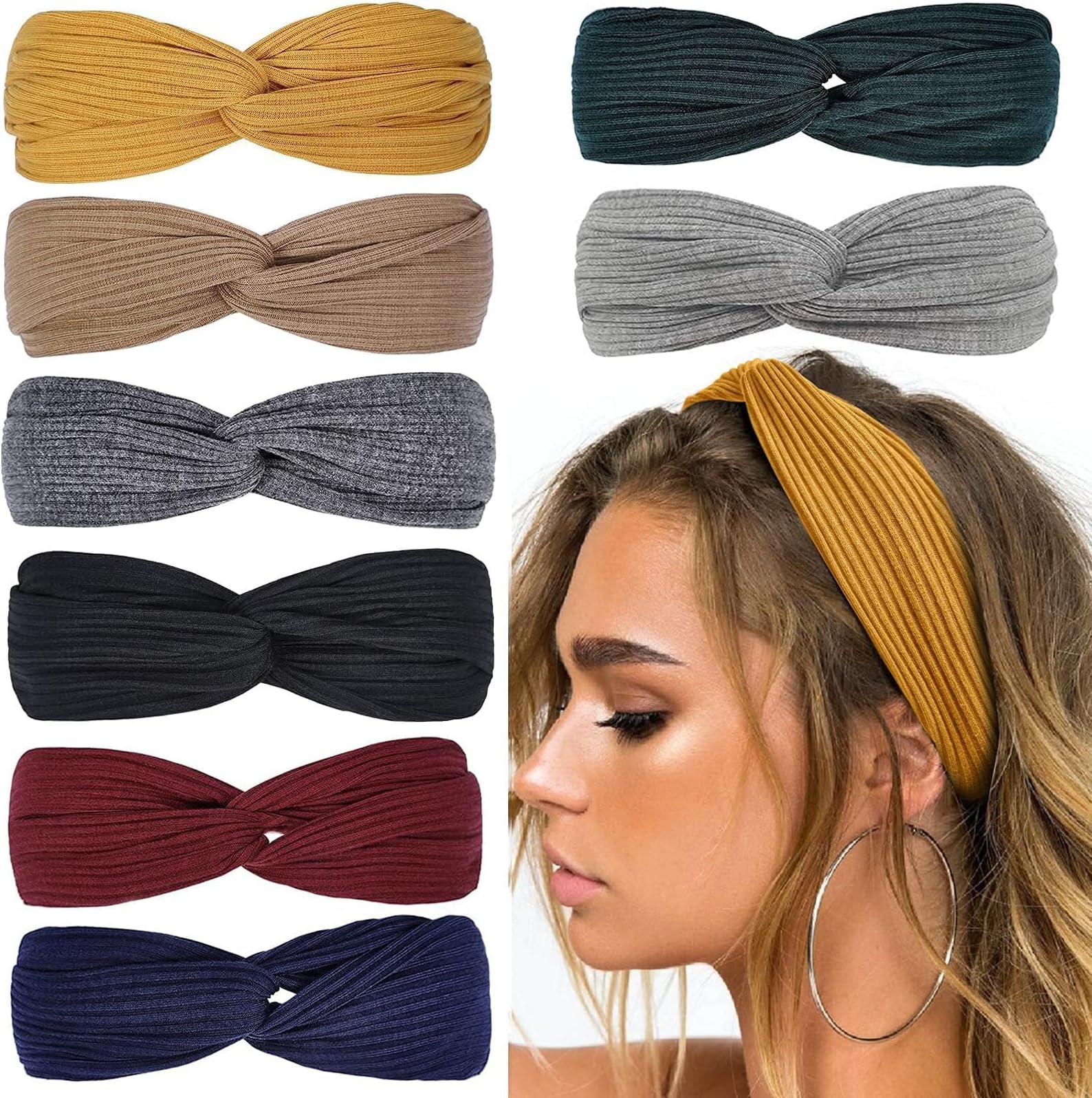 Huachi Headbands for Women Twist Knotted Women Head Bands Boho Stretchy Hair Bands Non Slip for Girls Criss Cross Turban Plain Headwrap Yoga Workout Vintage Hair Accessories, Solid Color
