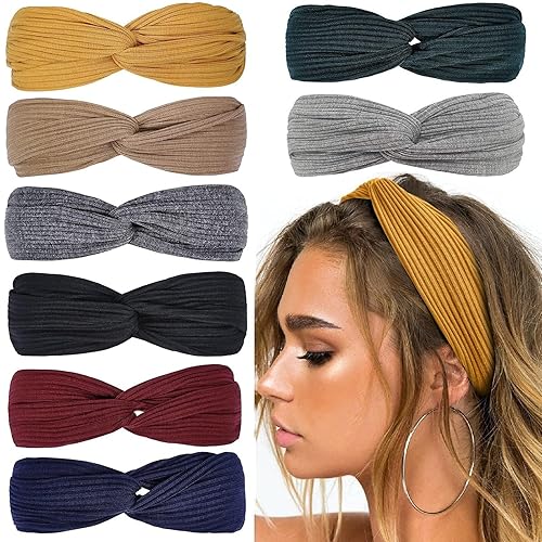 Huachi Diademas para mujer bandas elásticas bohemias con nudo torcido para niñas turbante cruzado liso para yoga entrenamiento accesorios para el