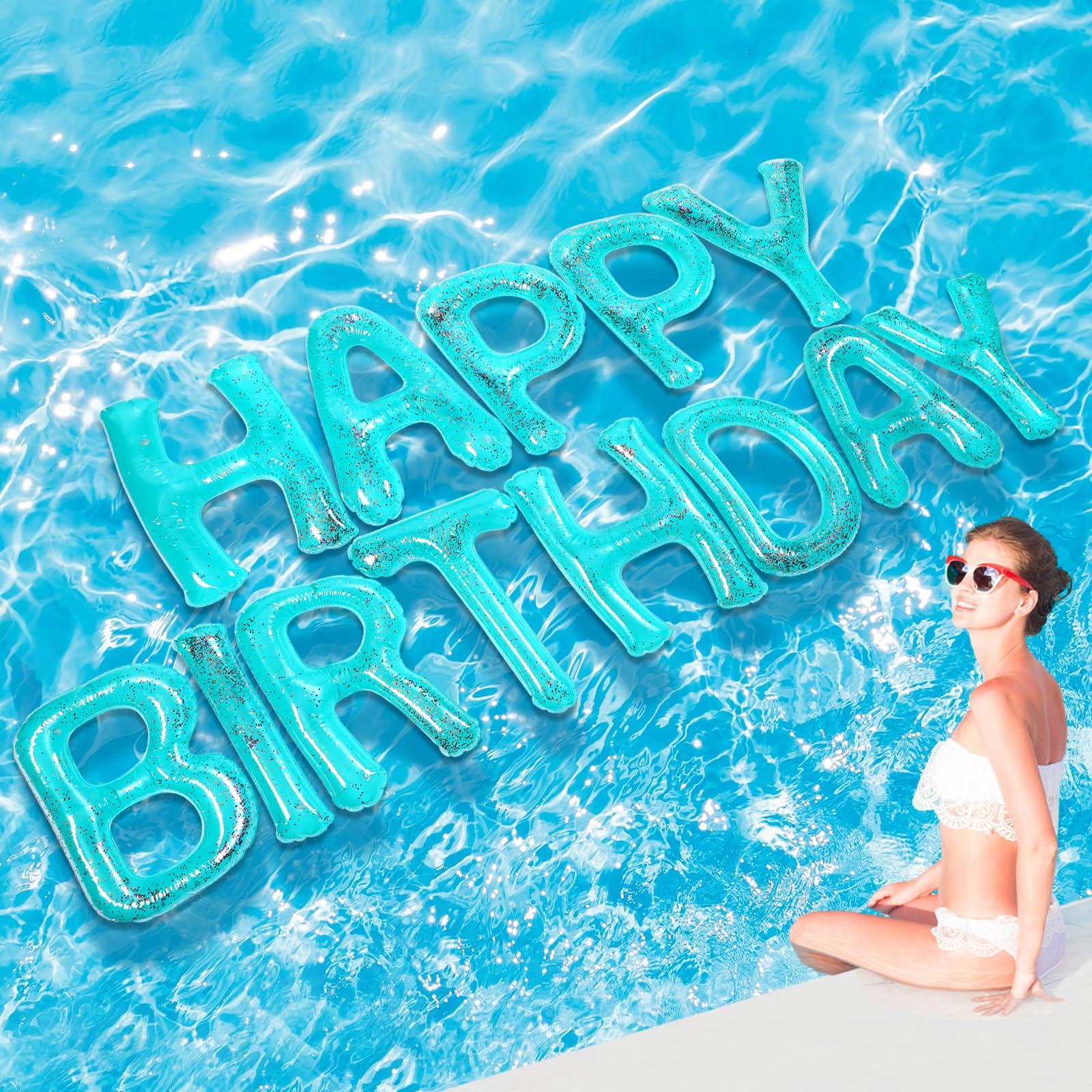 Shappy 20'' Happy Birthday Pool Large Floating Letter Balloons with Adhesive Dots Inflatable Pool Decorations for Summer Birthday Party